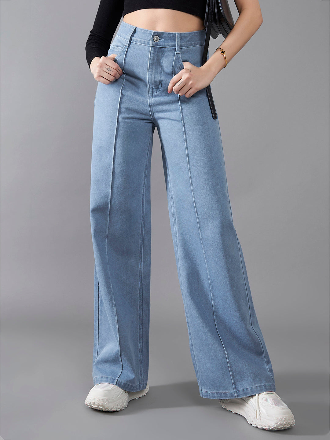 Women's Light Blue Straight-Fit High-Rise Clean-Look Regular-Length Non-Stretchable Denim Jeans