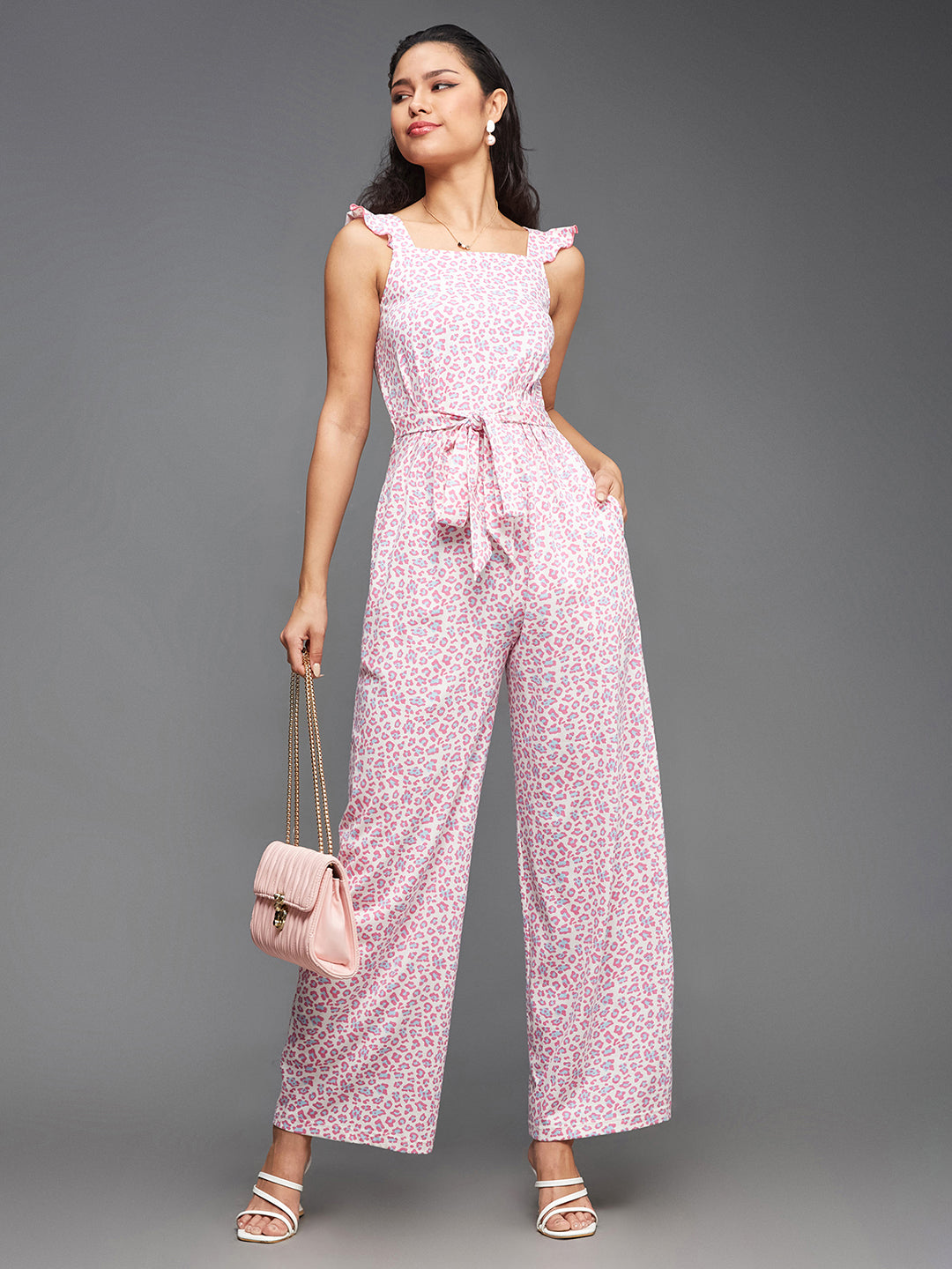 Women's Multicolored-Base-Peach Square Neck Sleeveless Animal-Patterned Waist Tie-Up Pure Cotton Regular-Length Jumpsuit