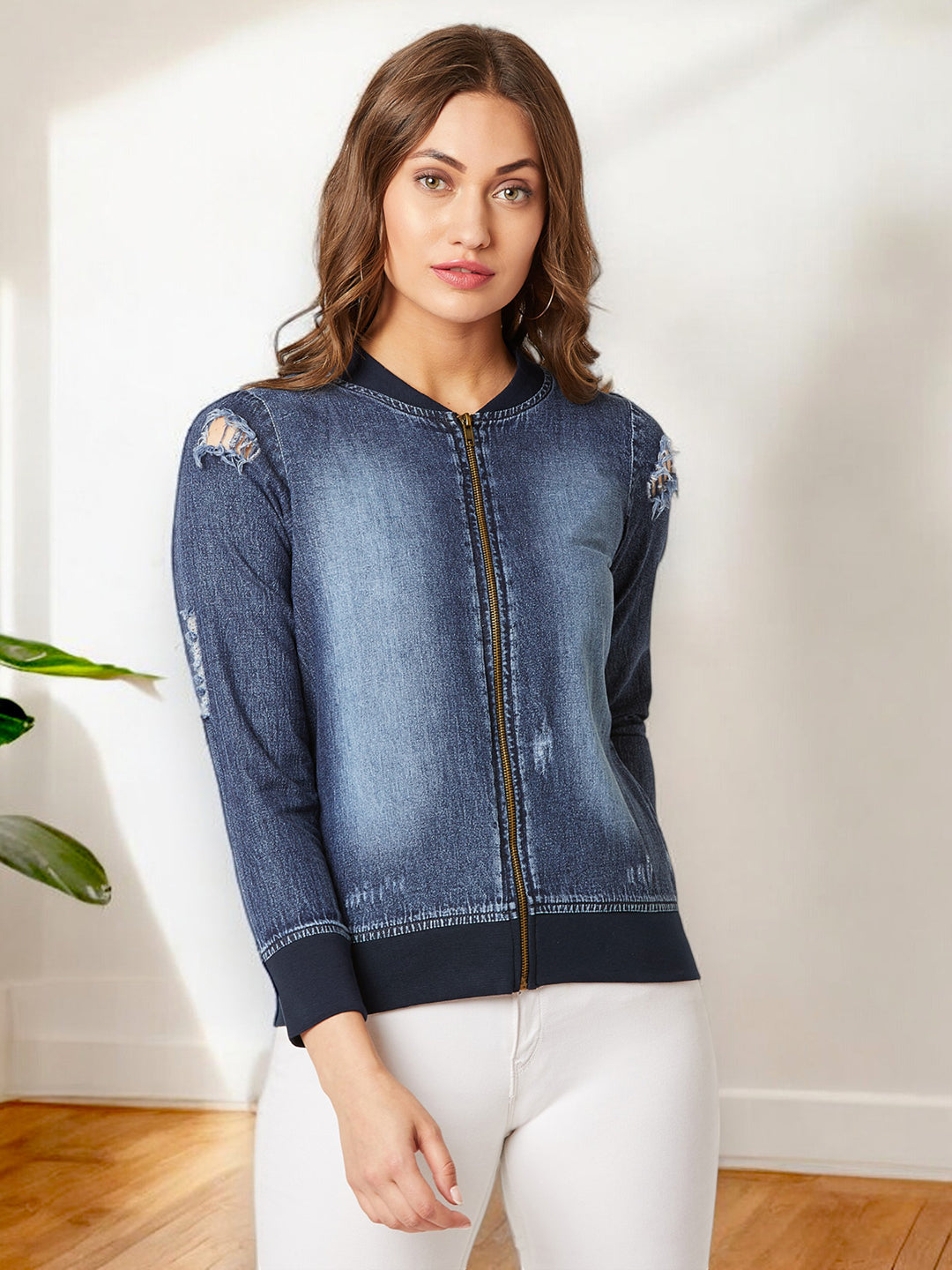 Women's Navy Blue V-Neck Full Sleeve Solid Ripped Bomber Regular Length Denim Jacket