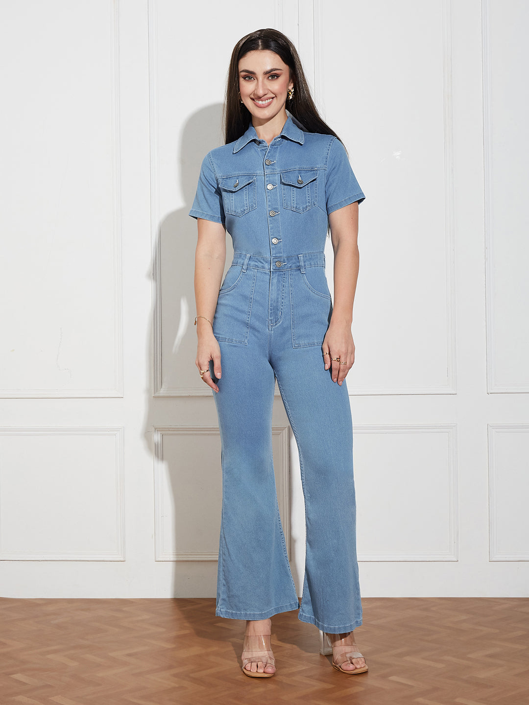 Women's Light Blue Flared High Rise Regular Length Stretchable Denim Jumpsuit