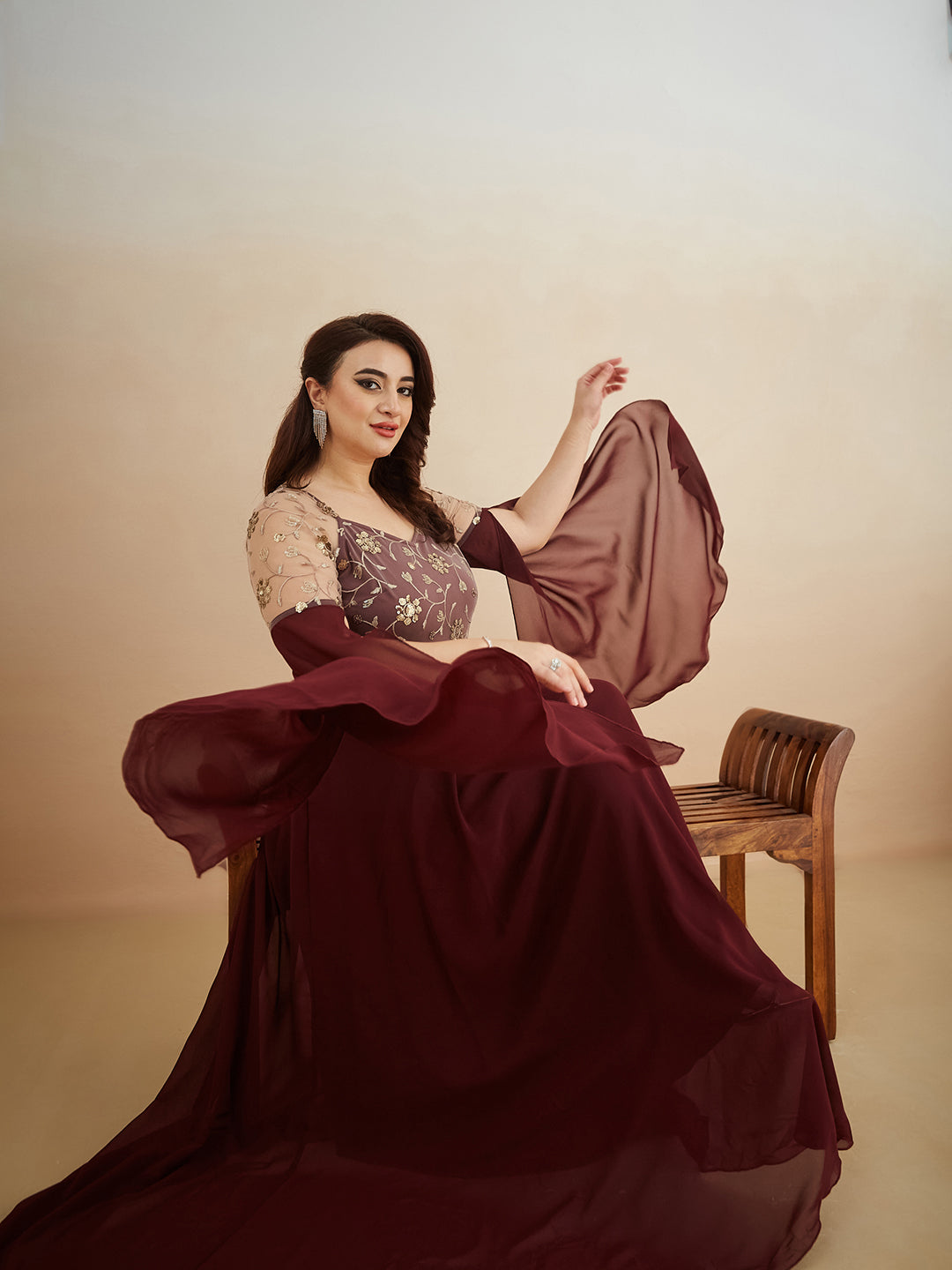 Wine V-Neck Flared Long sleeve Embroidered Fit & Flare Maxi Dress for Women