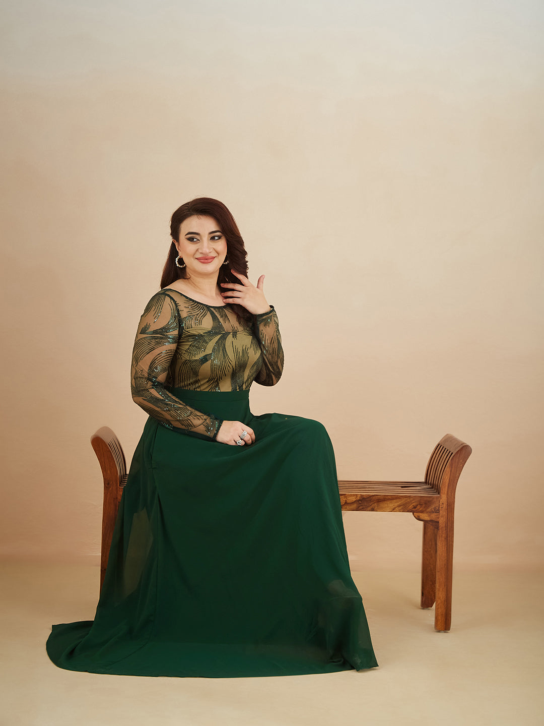 Green & Beige Solid Embellished Maxi Dress for Women