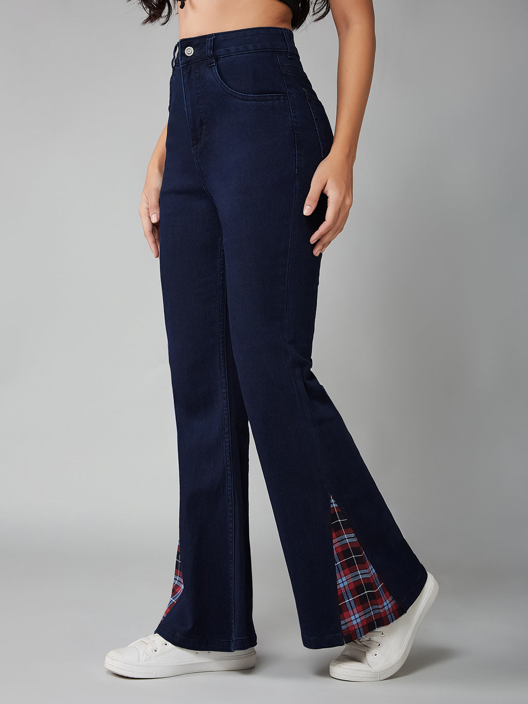 Navy-Blue High-Rise Checked Peeps Stretchable Denim Bootcut Jeans for Women