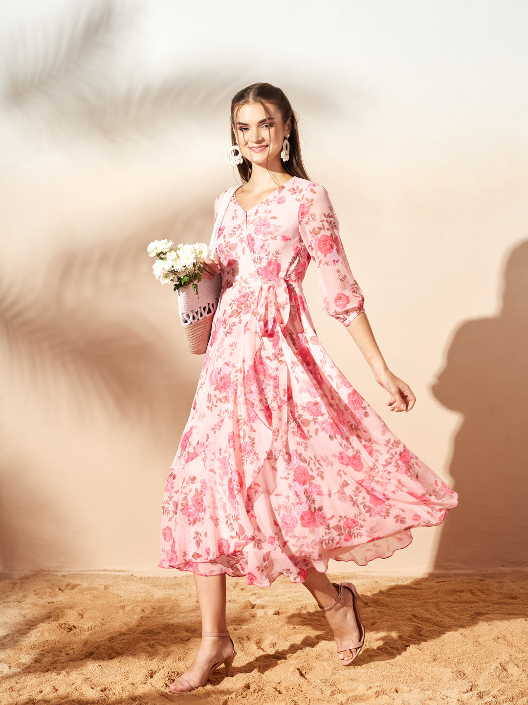 Pink Floral V-Neck 3/4 Sleeve Wrap Midi Chiffon Dress for Women