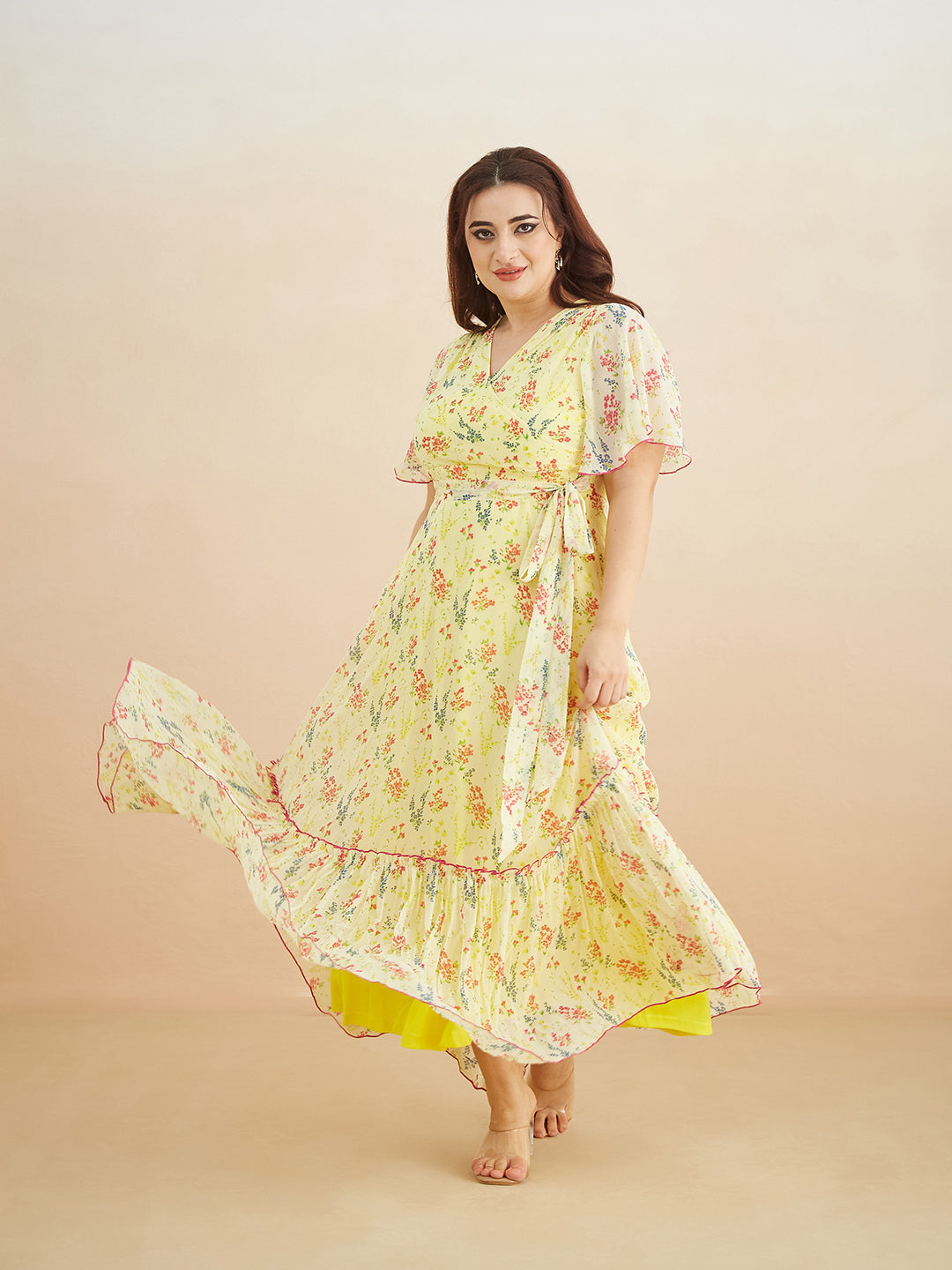 Yellow V Neck Flared Sleeve Floral Wrap Maxi Dress for Women