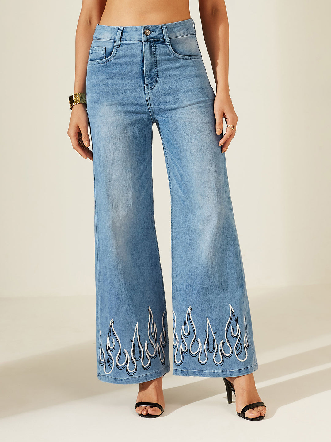 CHASEshape™ Light Blue Wide-Leg High-Rise Stretchable Denim Jeans with Hand-Crafted Dual-Tone Flame Embroidery for Women