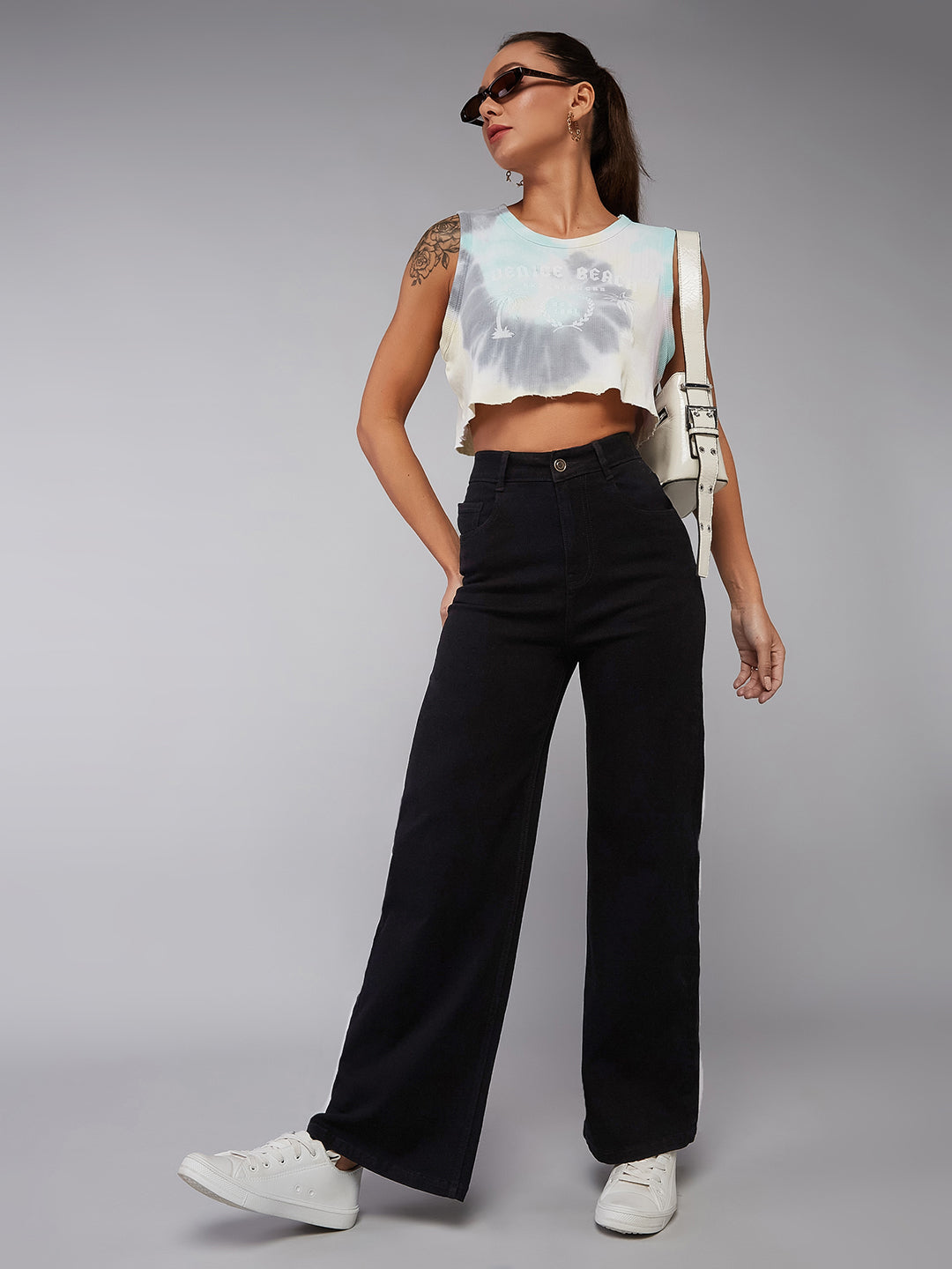 24/7 Comfort Black Wide-Leg High-Rise Clean-Look Stretchable Denim Jeans for Women