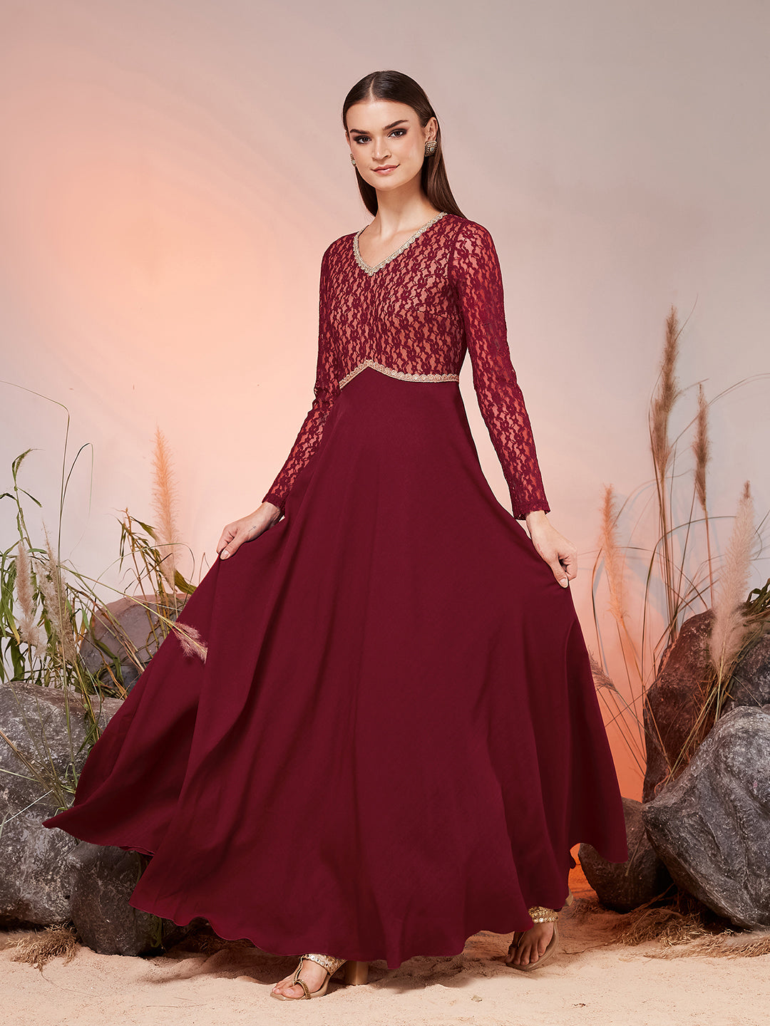Women’s Maroon V-Neck Full-Sleeved Self-Design Fit & Flare Maxi Crepe Dress for Women