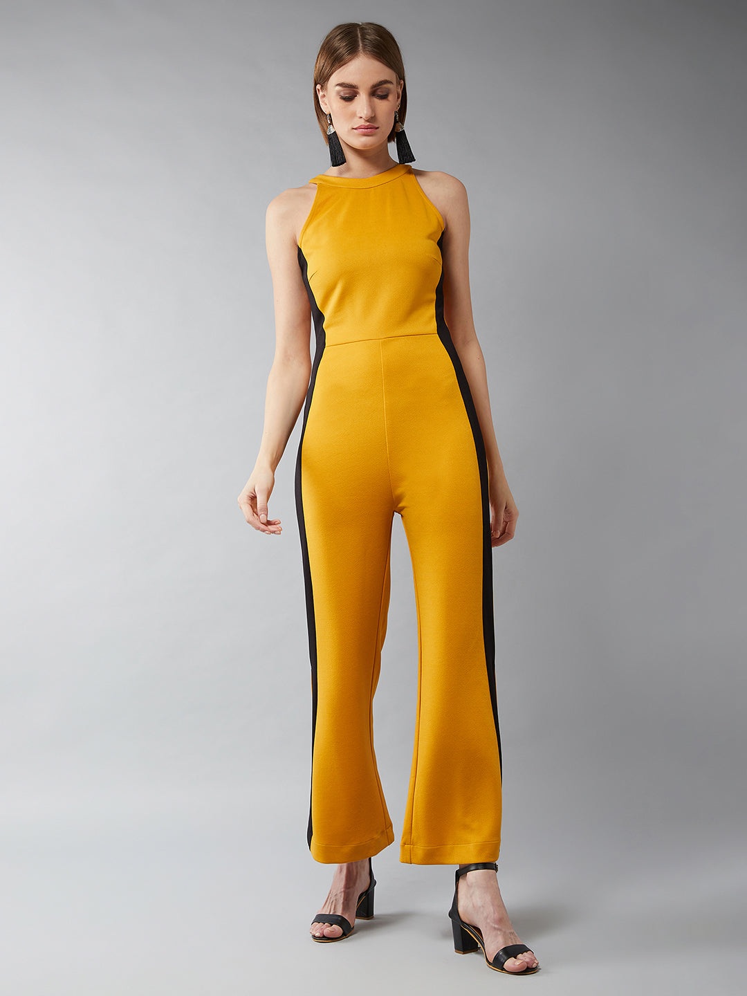 Women's Mustard Yellow & Black Halter Neck Sleeveless Solid Flared Jumpsuit