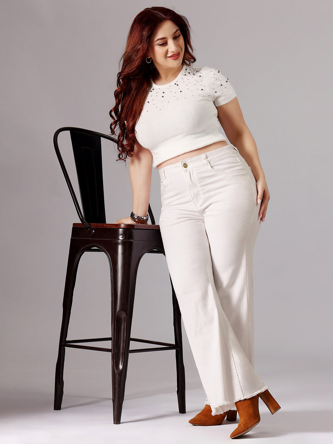 24/7 Comfort White Bootcut High-Rise Clean-Look Stretchable Denim Jeans for Women