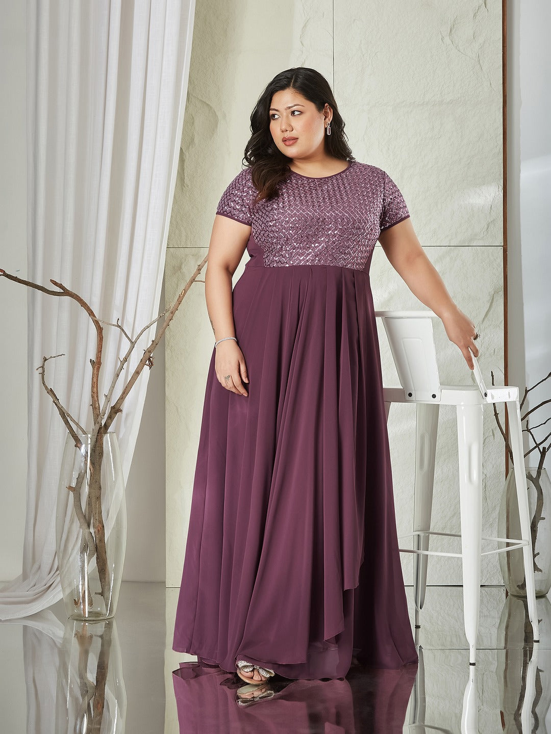 Mauve Round Neck Cap Sleeve Embellished Fit & Flare Maxi Crepe Dress for Women