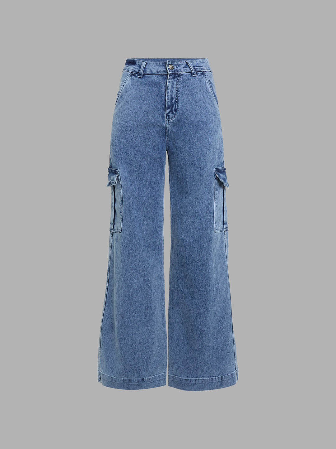 Women's Light Blue Wide-Leg High-Rise Clean-Look Regular-Length Stretchable Flared Cargo Style Denim Jeans