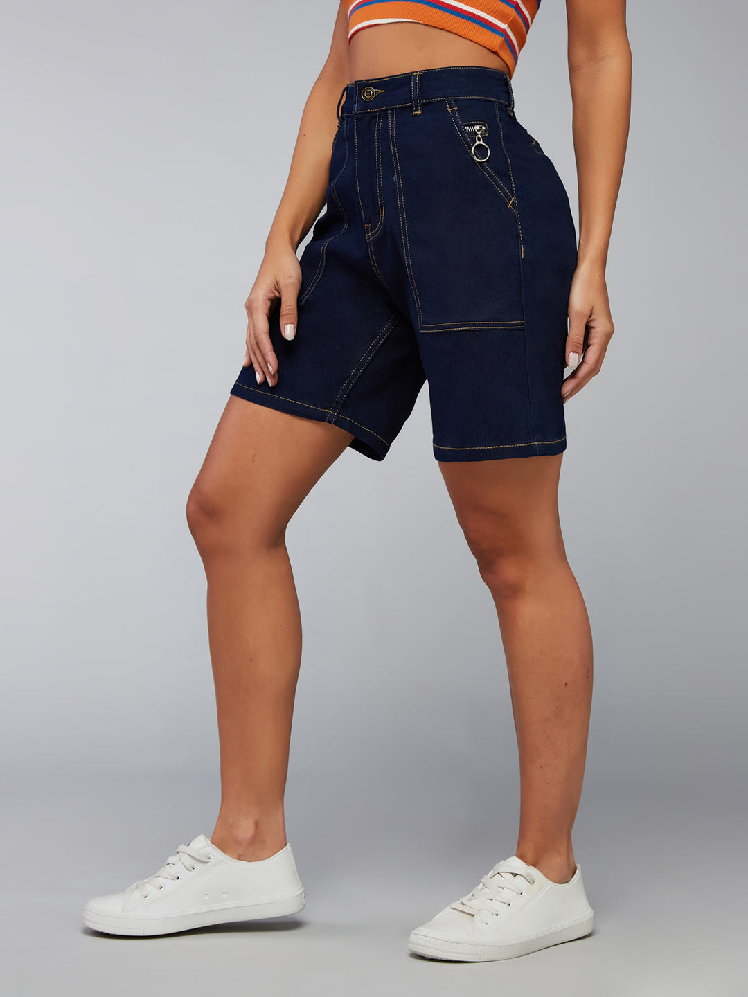 Women's Navy Blue Regular High rise Clean look Above Knee Stretchable Denim Shorts