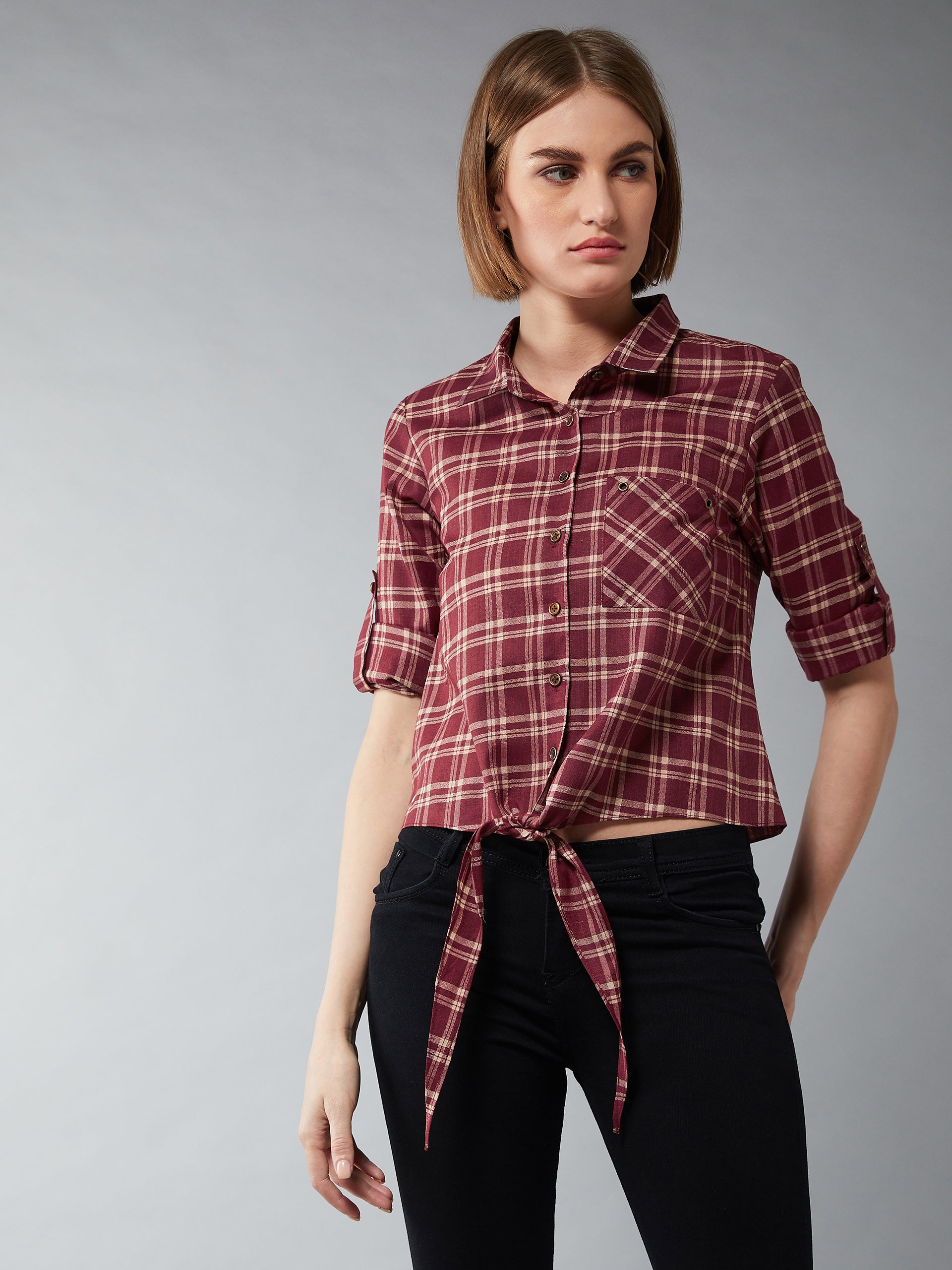 Women's Multicolor-Base Maroon Collared Neck Full Sleeves Checkered Knot Shirt