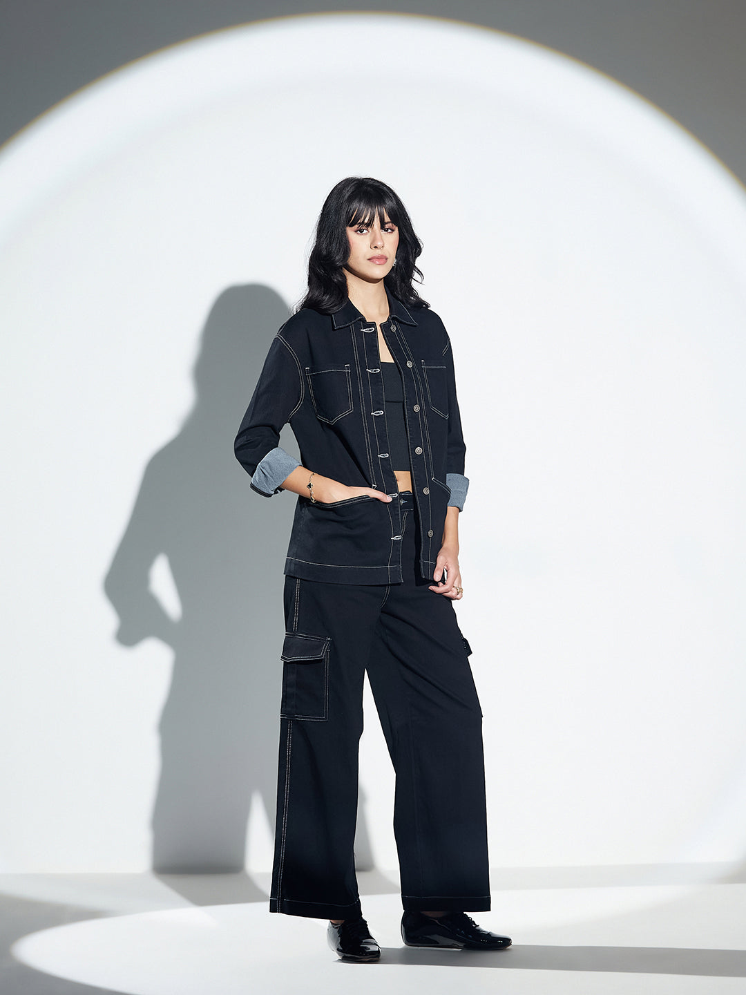 Black Shirt Collar Full Sleeve Panelled Contrast Stitch Oversized Denim Jacket for Women