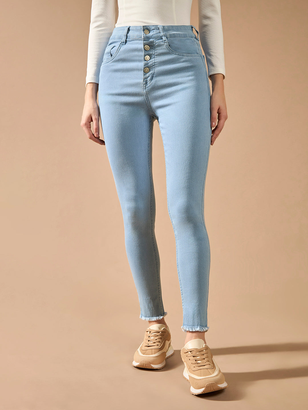 Women's Light Blue Skinny High-Rise Clean-Look Fringed Hemline Cropped Acid Wash Solid Stretchable Denim Jeans