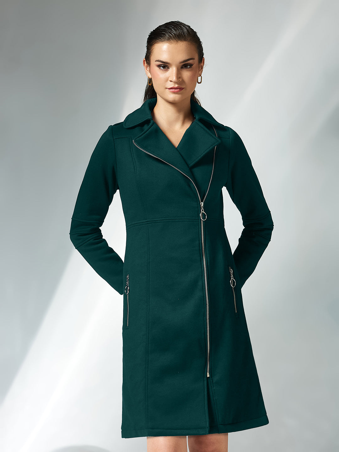 Women's Dark Green Notch Collar Multi Panelled Full Sleeve Solid Double Breasted Knee Length Jacket