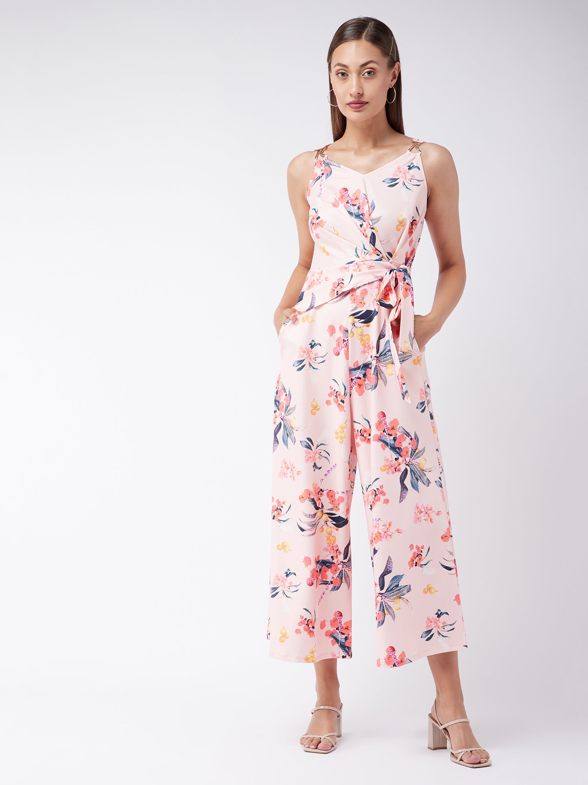 Crease Ease Women's Multicolored-Base-Peach V-Neck Sleeveless Floral Wrap/Wide Leg Regular Jumpsuit