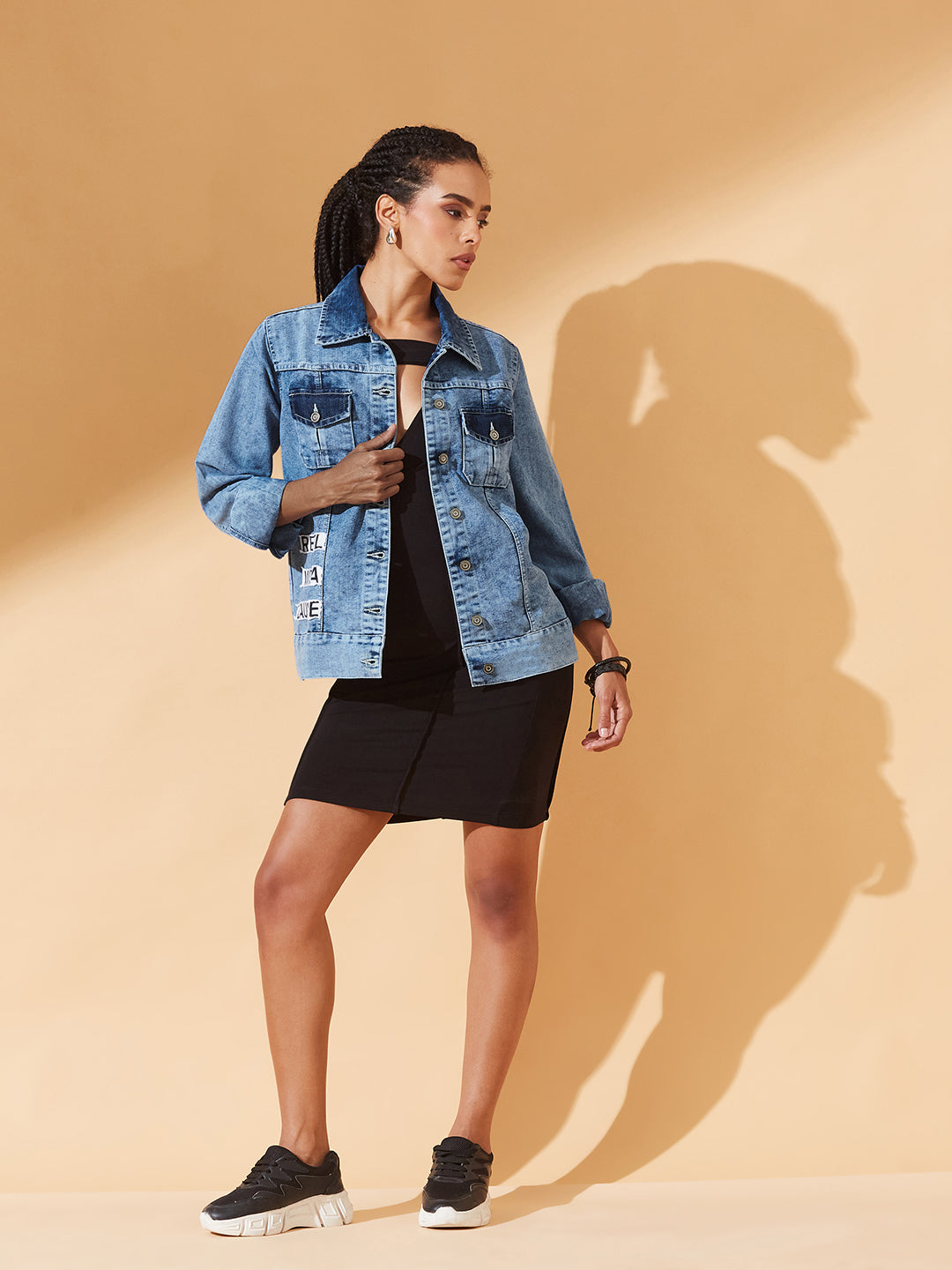 Light-Blue Polo Neck Solid Full Sleeve Bomber Jacket for Women