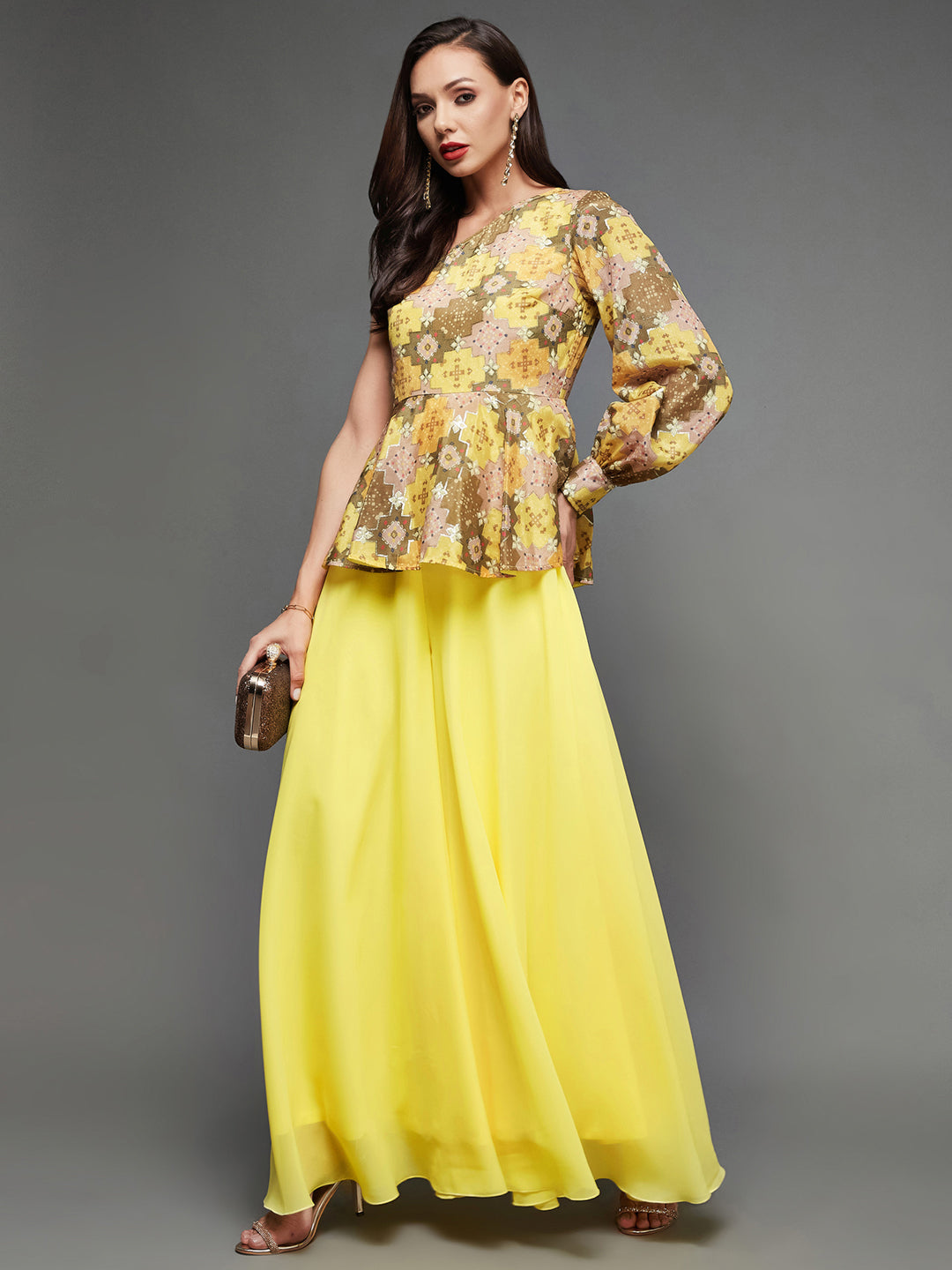 Women's Multicolored-Base-Yellow  Geometric One Shoulder Neck Bishop Sleeves Georgette Layered Regular-Length Jumpsuit