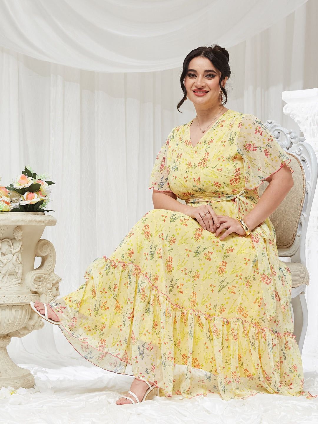 Yellow V Neck Flared Sleeve Floral Wrap Maxi Dress for Women