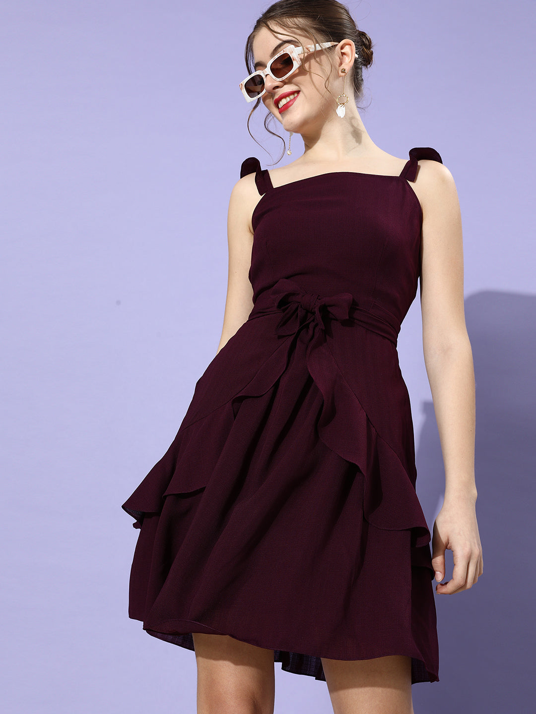 Women's Purple Square Sleeveless Solid Ruffled Knee Length Dress