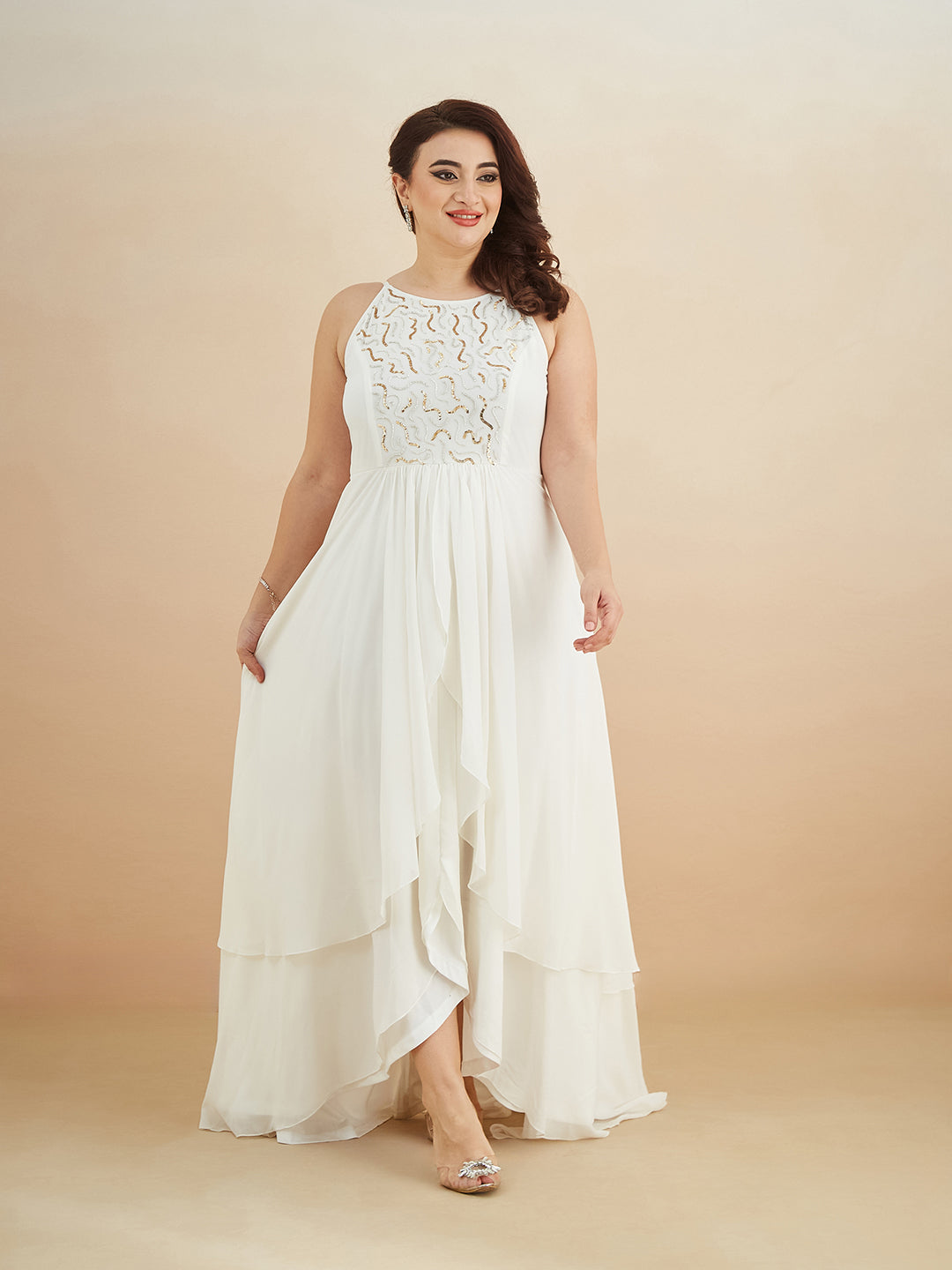 Off White Round Neck Sleeveless Solid Embellished Maxi Dress for Women