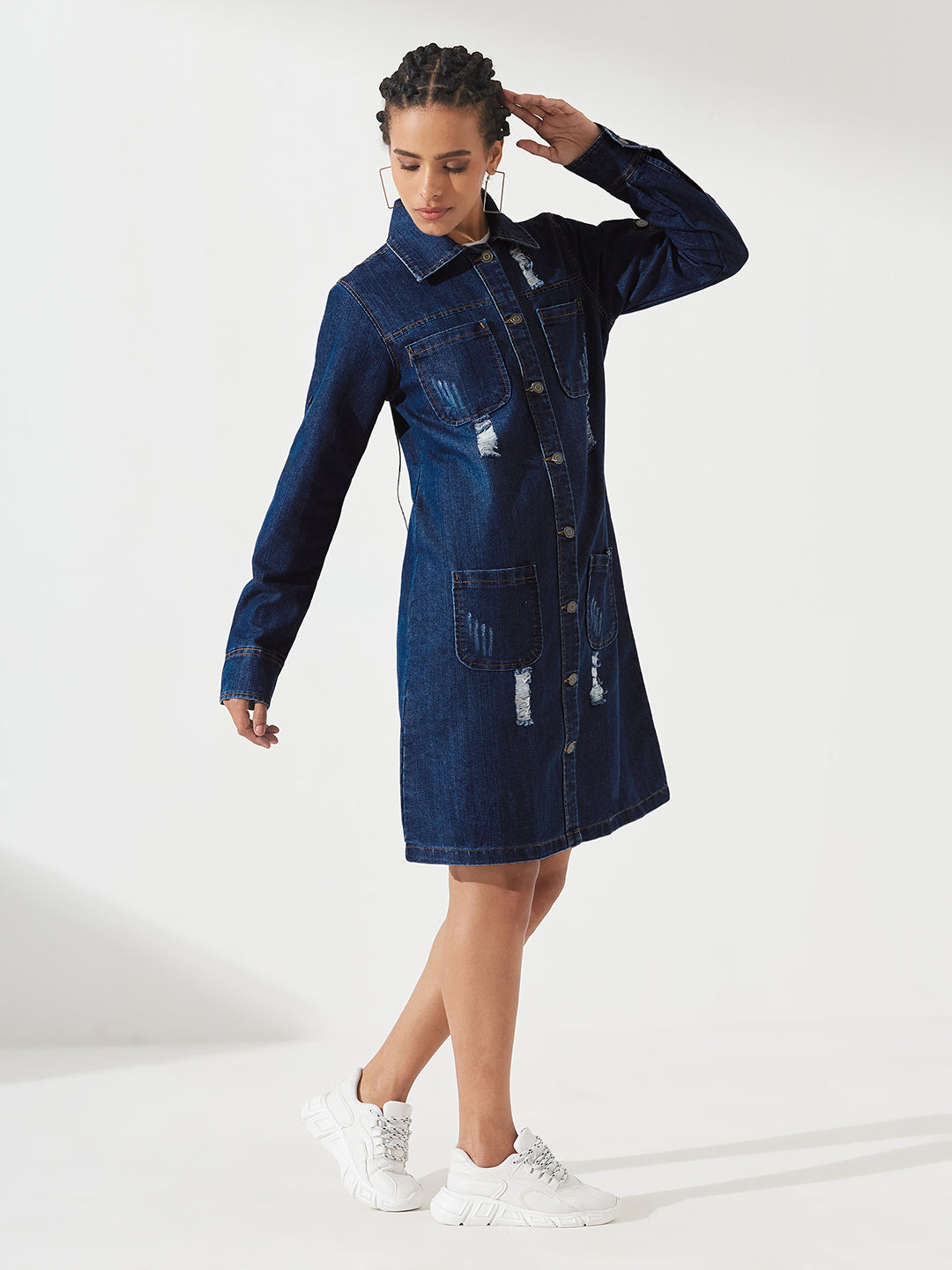 Navy-Blue Solid Polo Neck Full Sleeves Patch Pocket Denim Overcoat Knee-Length Jacket for Women