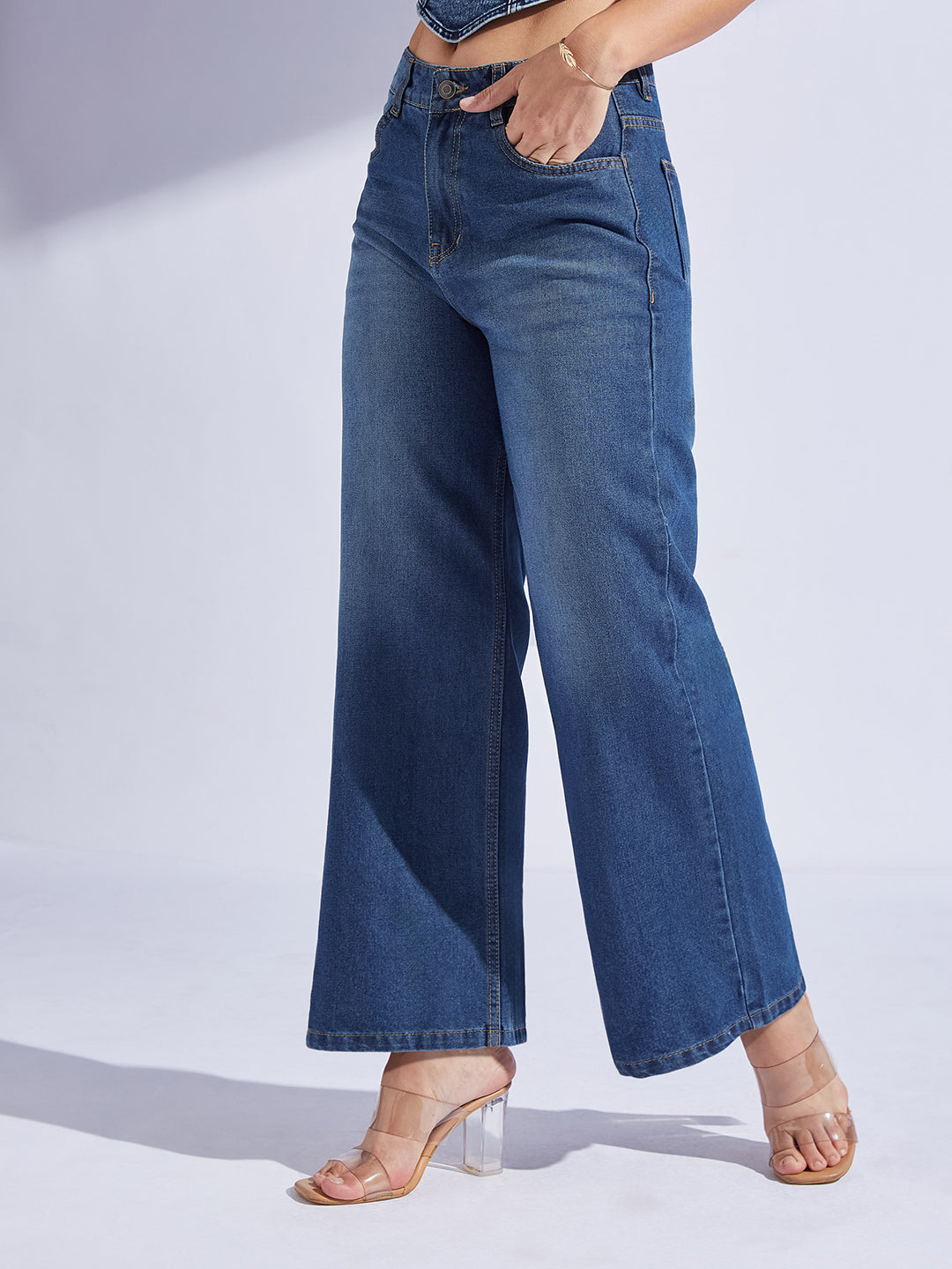 Women's Navy Blue Wide-Leg High-Rise Clean-Look Regular-Length Denim Jeans