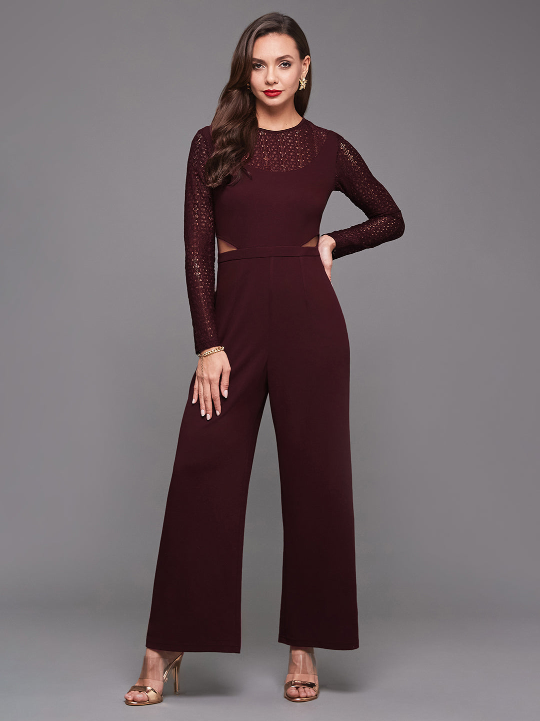 Women's Wine Round Neck Full Sleeve Self Design Cut-out Jumpsuit