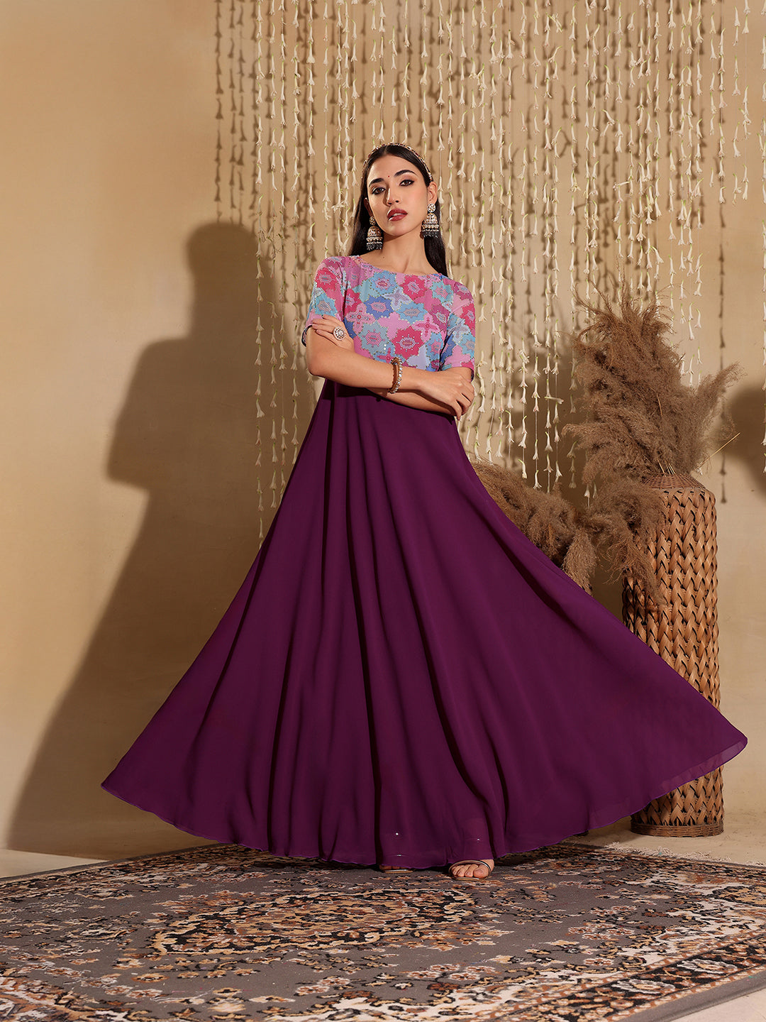 Women's Multicolored-Base-Dark Purple Boat Neck Half Sleeve Geometric Fit & Flare Georgette Maxi Dress