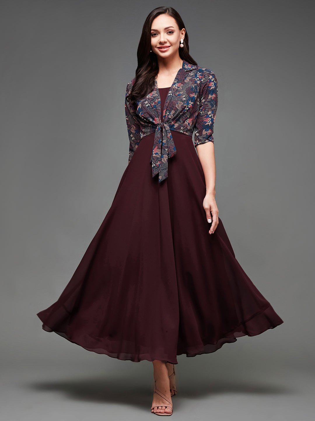 Women's Multicolored-Base-Wine Floral Notched Collar 3/4 Sleeve Georgette Jacket Style Maxi Dress