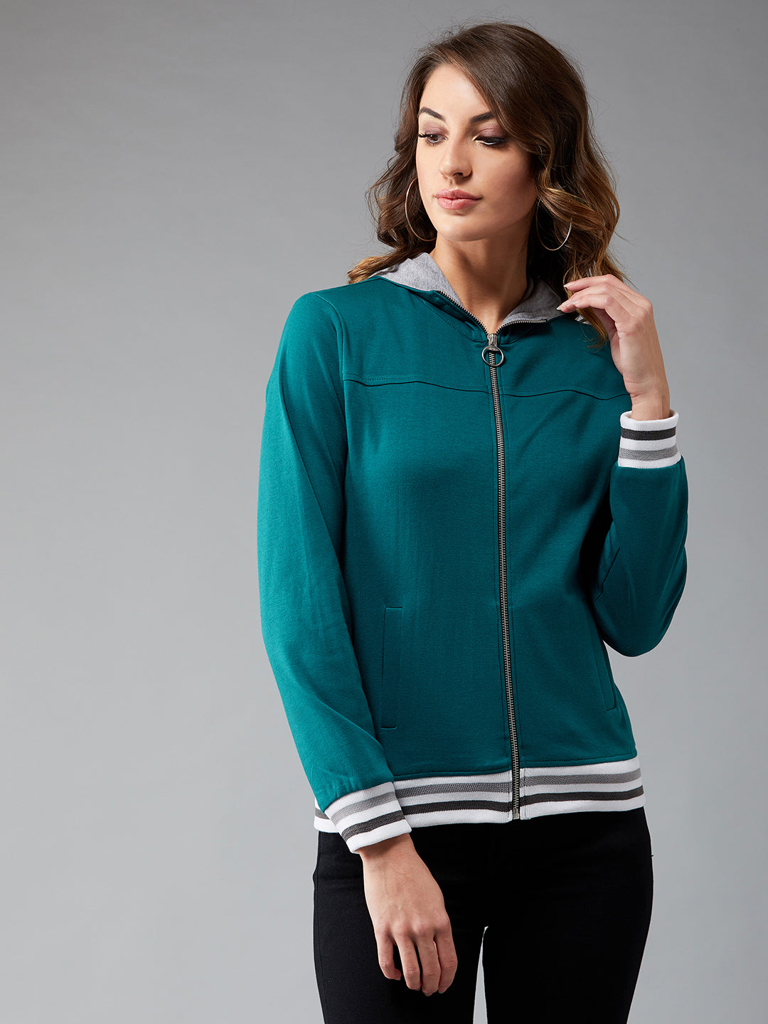 Women's Turquoise Blue Mock Collar Full Sleeves Solid Hooded Regular Length Jacket