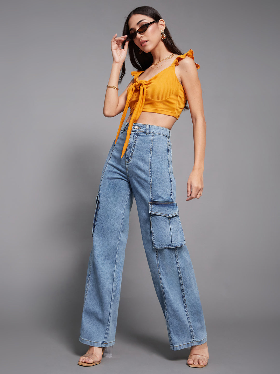 Women's Blue Wide-Leg High-Rise Clean-Look Regular-Length Stretchable Patch-Pocketed Denim Jeans