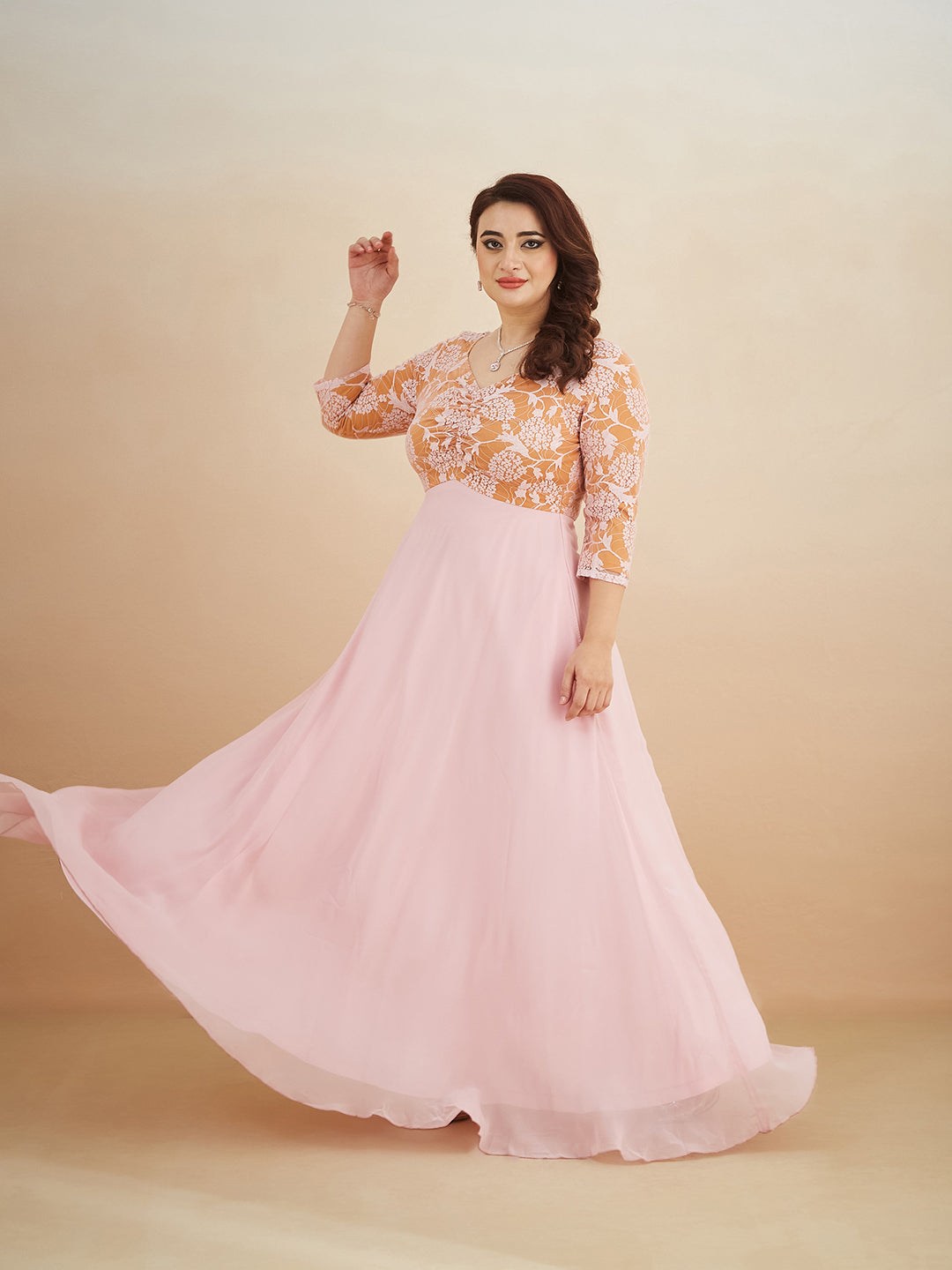 Dusty Pink V-Neck Raglan-Sleeve Self-Designed Empire-Styled Georgette Maxi Dress for Women Dusty Pink V-Neck Raglan-Sleeve Self-Designed Empire-Styled Georgette Maxi Dress for Women