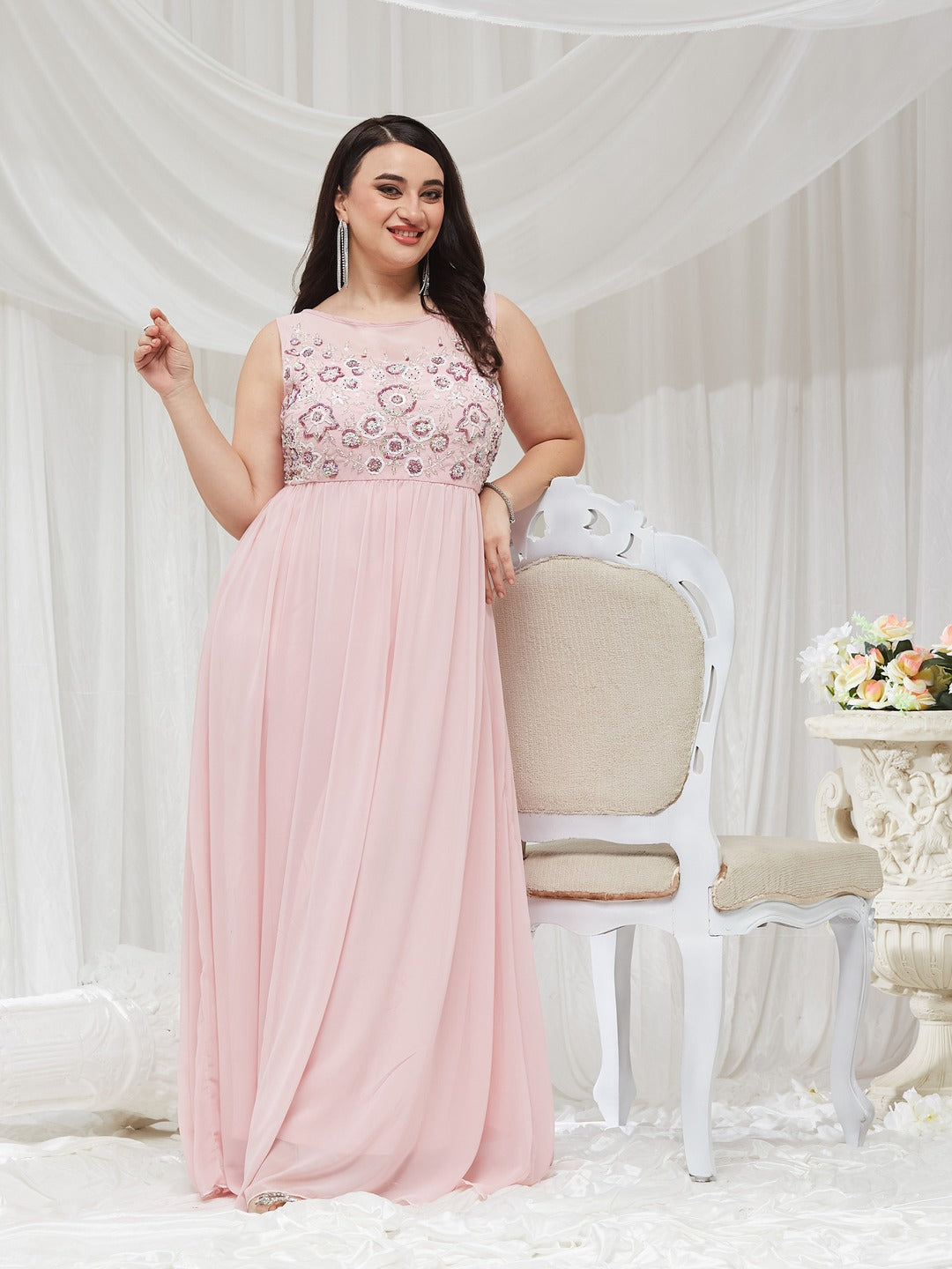 Dusty Pink Boat Neck Sleeveless Embellished Gathered Regular Dress for Women