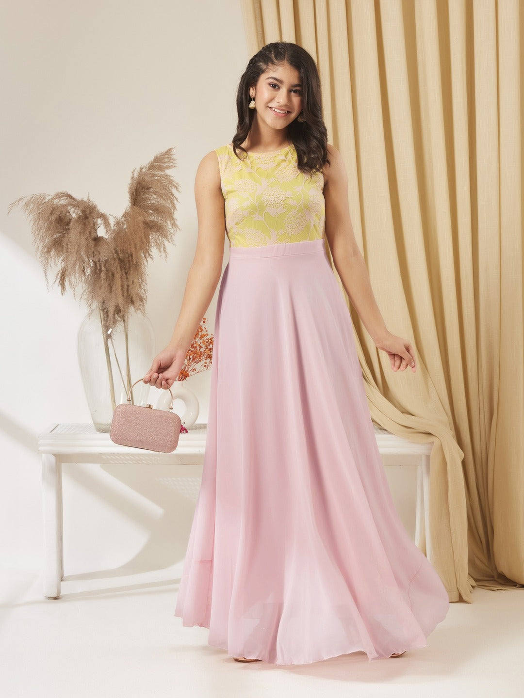 Dusty Pink Boat Neck Sleeveless Self Design Lace Overlaid Georgette Maxi Dress for Girls/Teenagers