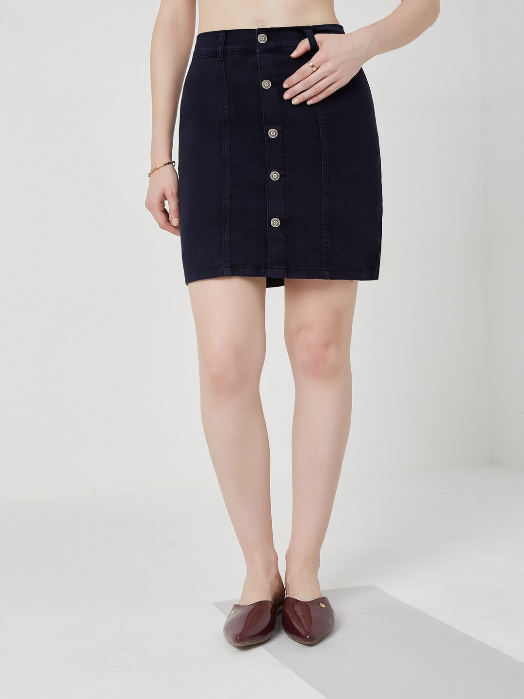 Navy Blue Stretchable Solid A-line Mini Denim Skirt for Women