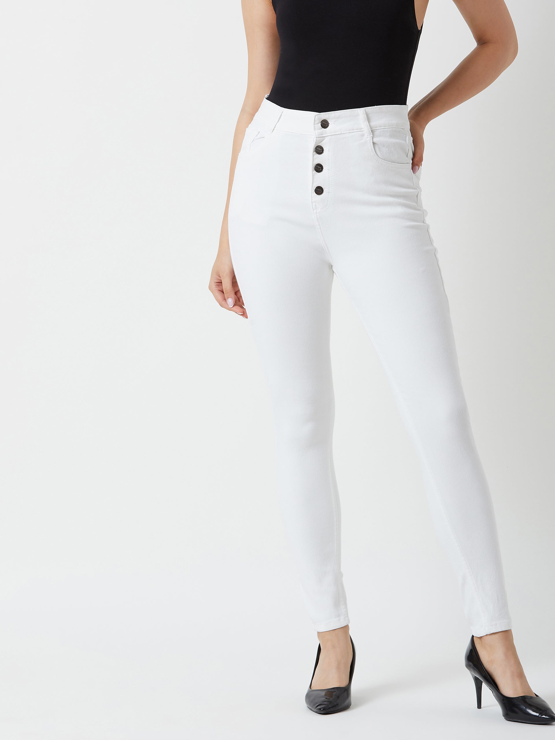 Women's White Skinny Fit High Rise Clean Look Stretchable Regular Length Bleached Denim Jeans