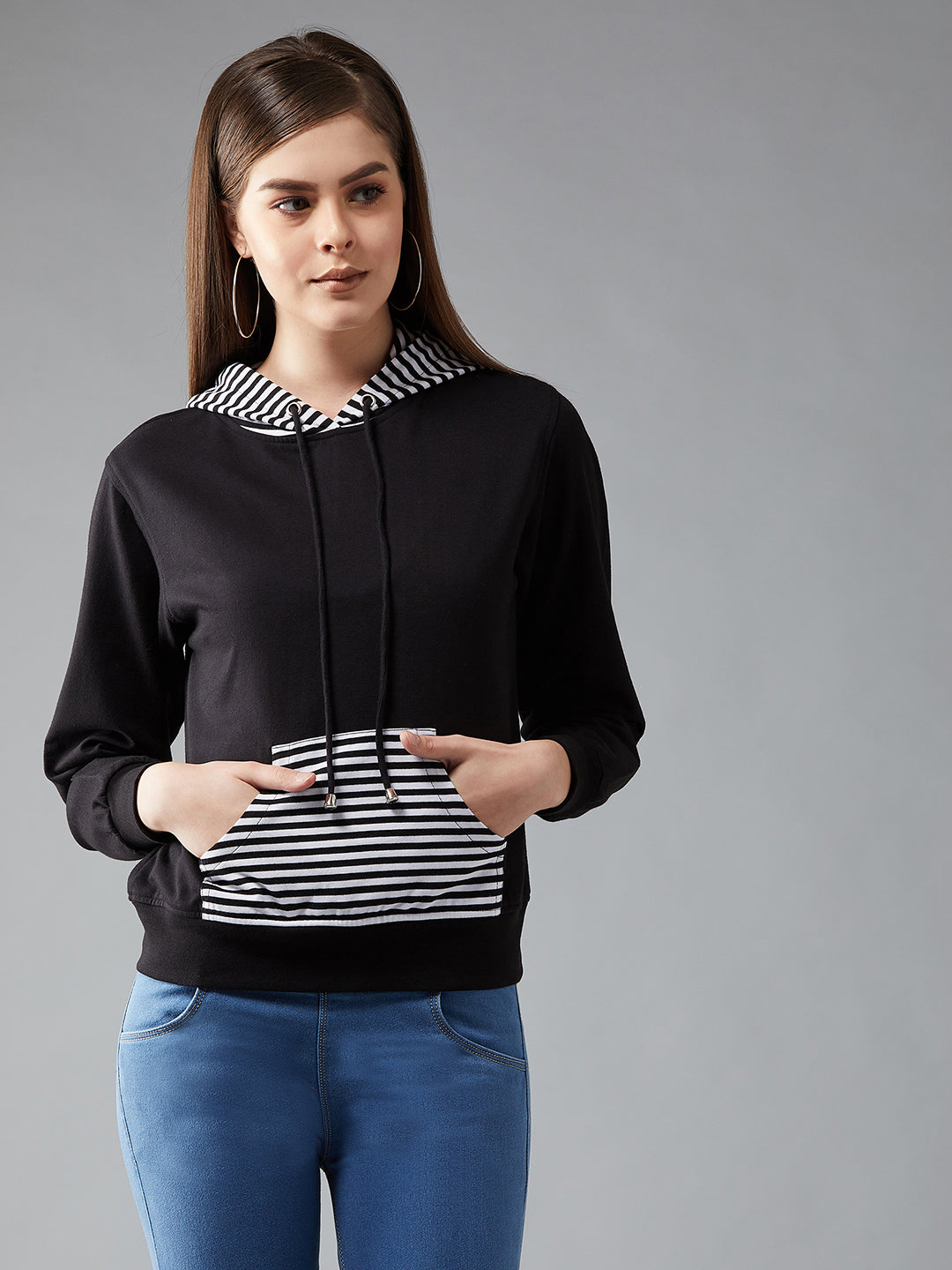 Women's Multicoloured-Base-Black Hooded Full sleeves Striped Boxy Regular length Sweatshirt