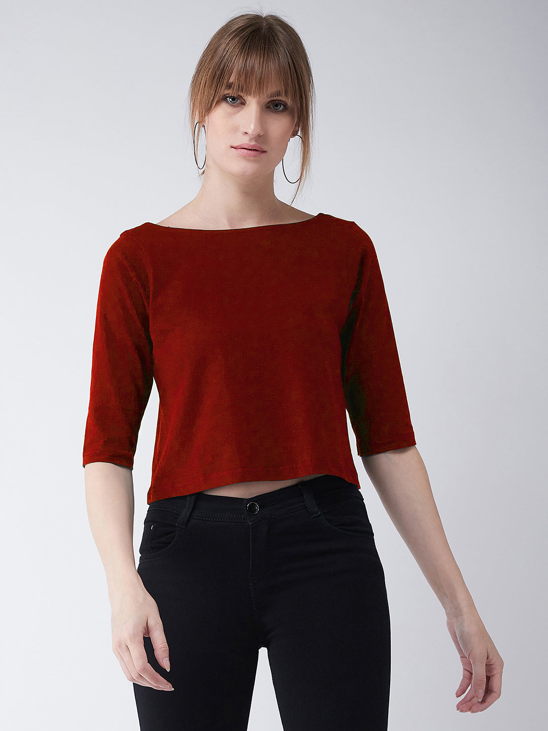 Women's Maroon Boat Neck Half Sleeves Low Back Buttoned Crop Top