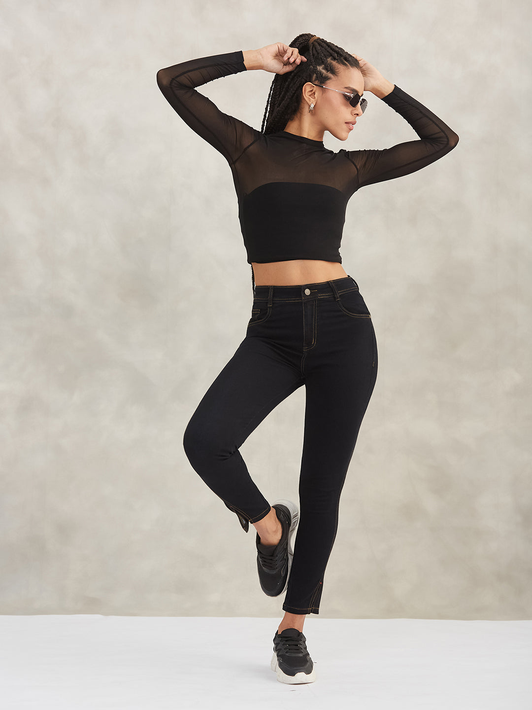 Women's Black Skinny High-Rise Side-Slit Solid Stretchable Denim Jeans