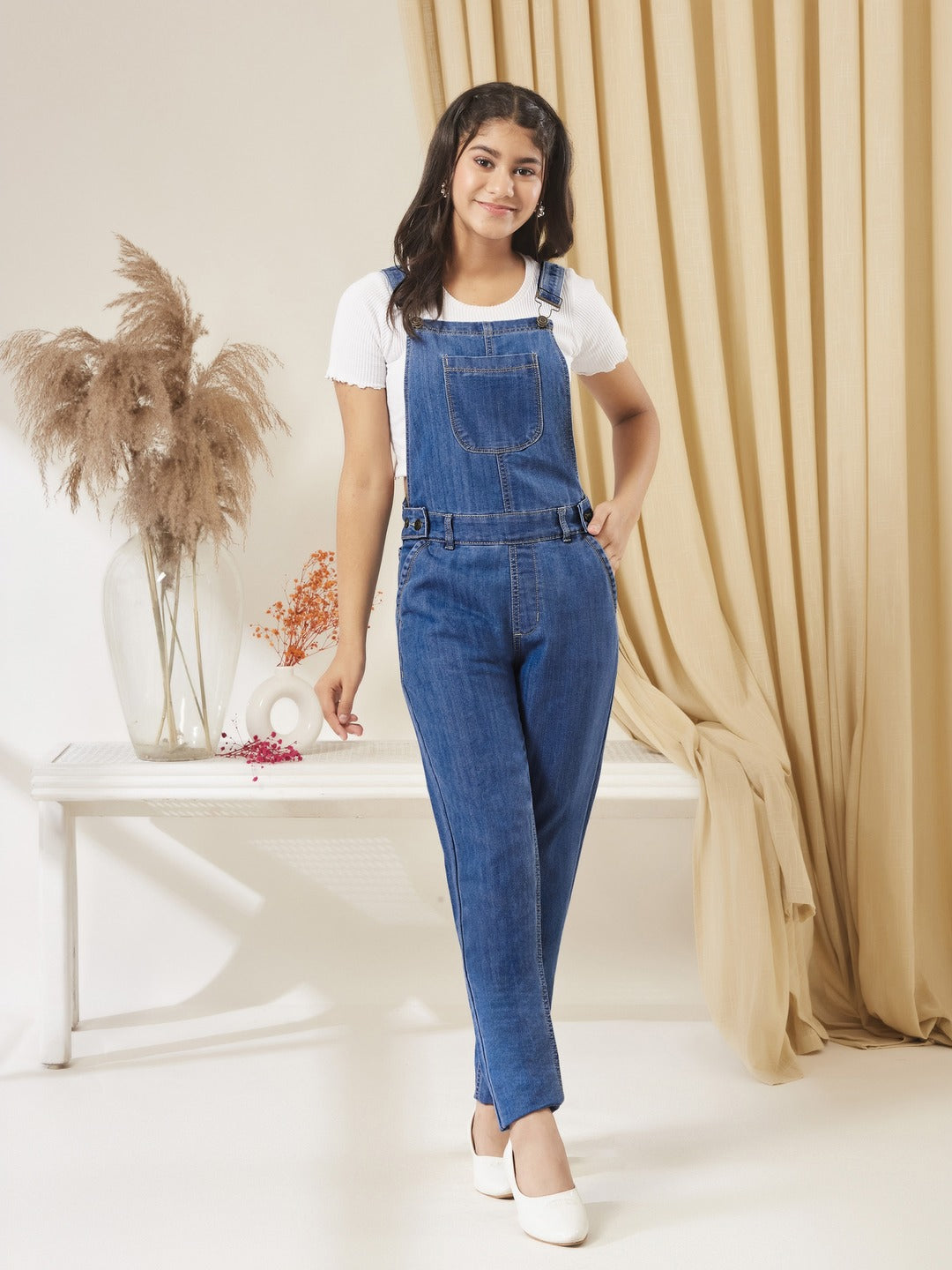 Blue Regular Fit Mid Rise Denim Dungaree  for Girls/Teenagers