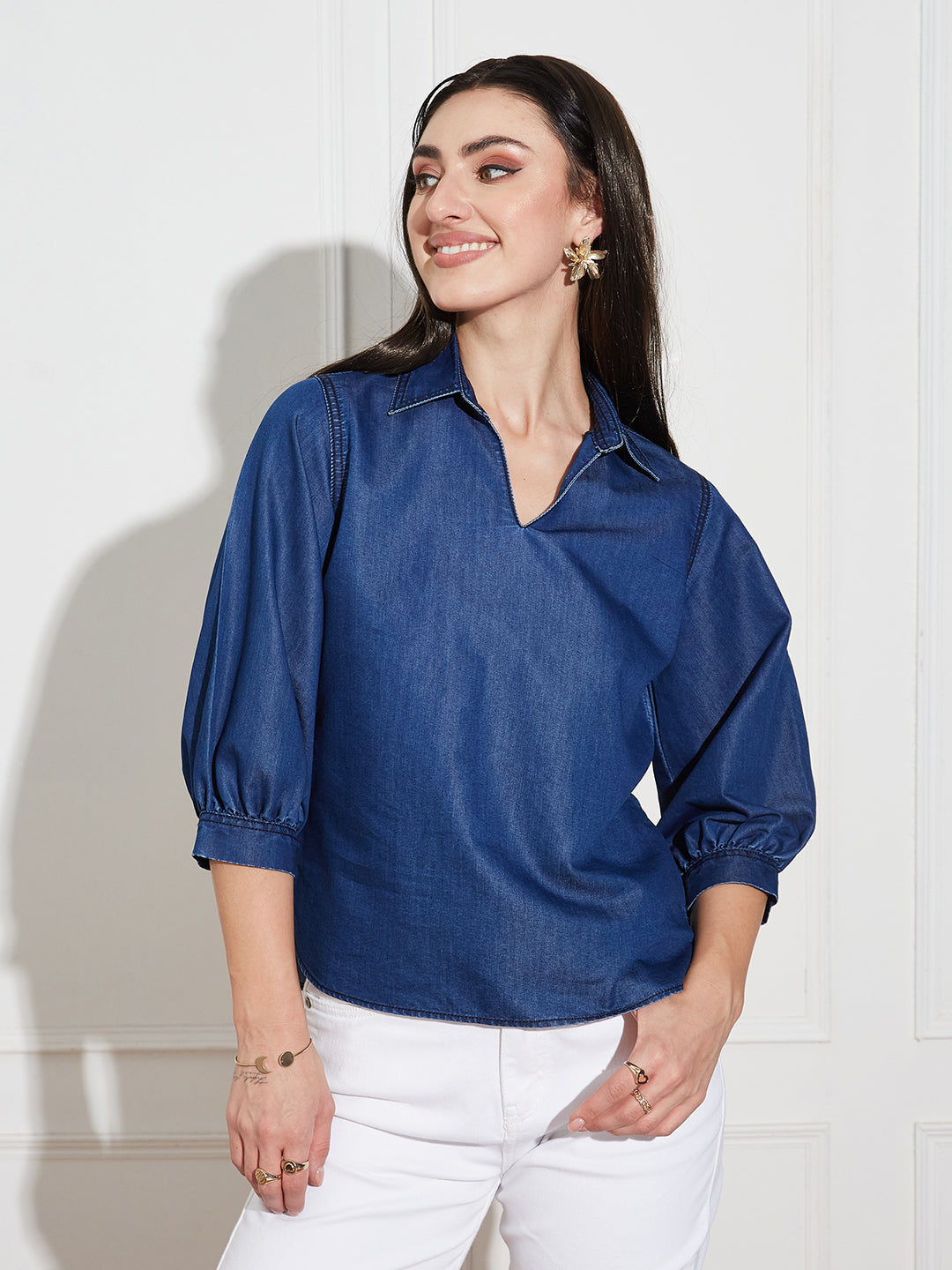 Women's Dark Blue Collar-Neck Puff-Sleeve Solid-Colored Light Weight Denim Tunic Top