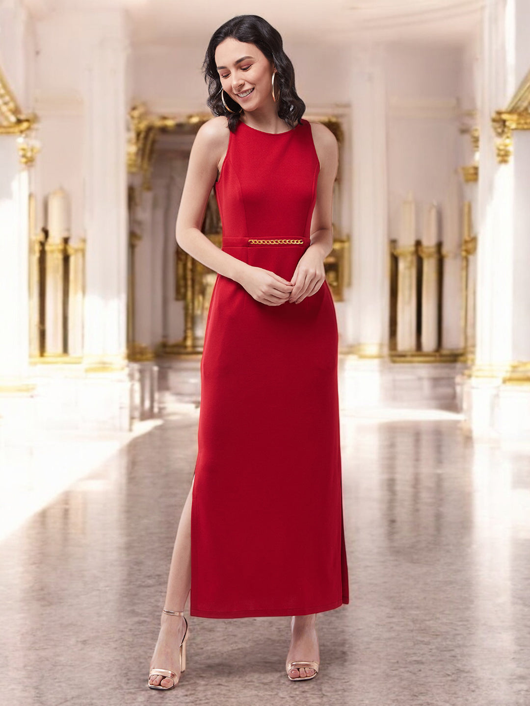 Crease Ease Cocktail Red Solid Slim Fit Round Neck Sleeveless Maxi Dress