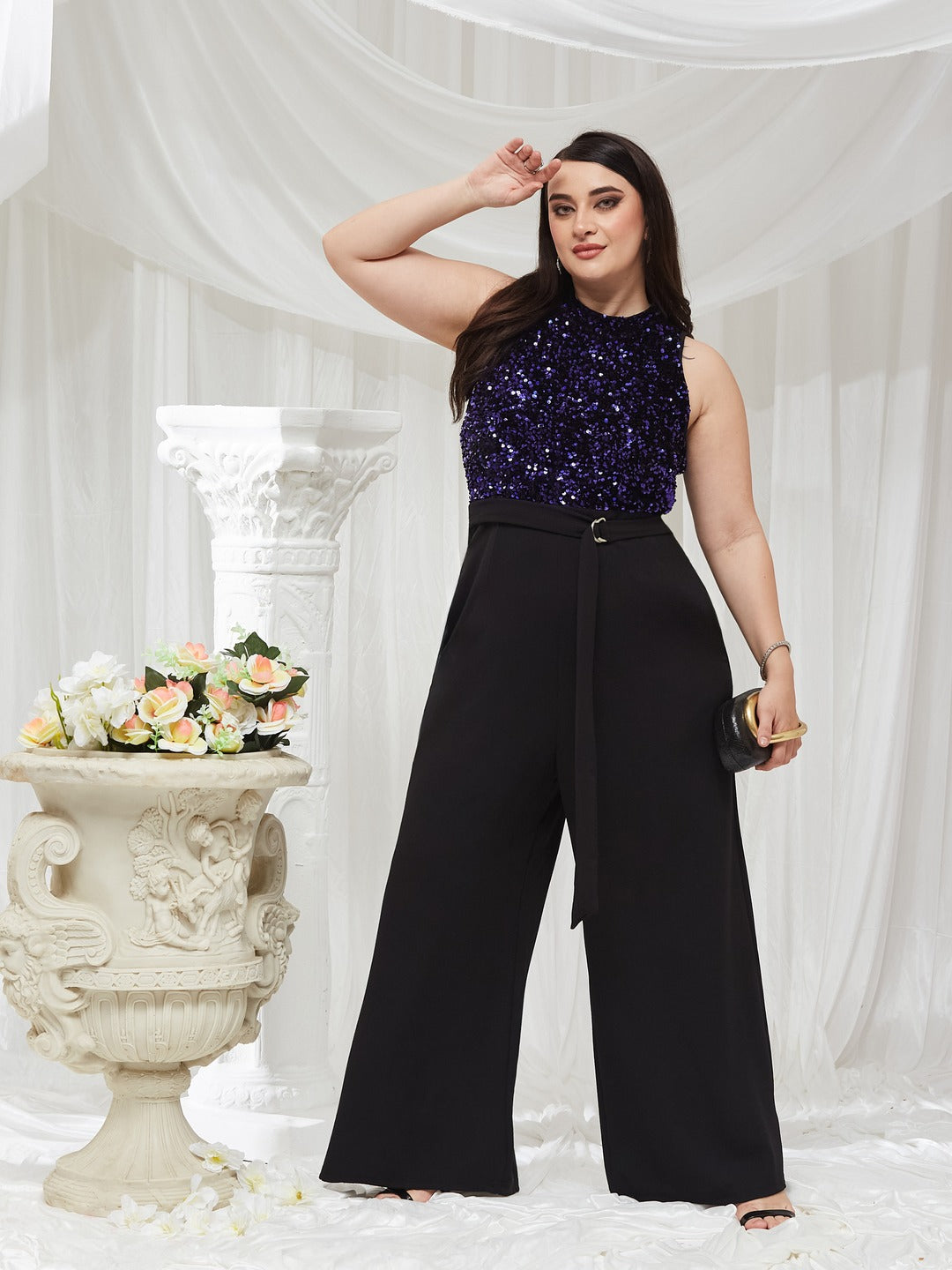 Black And Blue Halter Neck Sleeveless Embellished Regular-Length Jumpsuit for Women