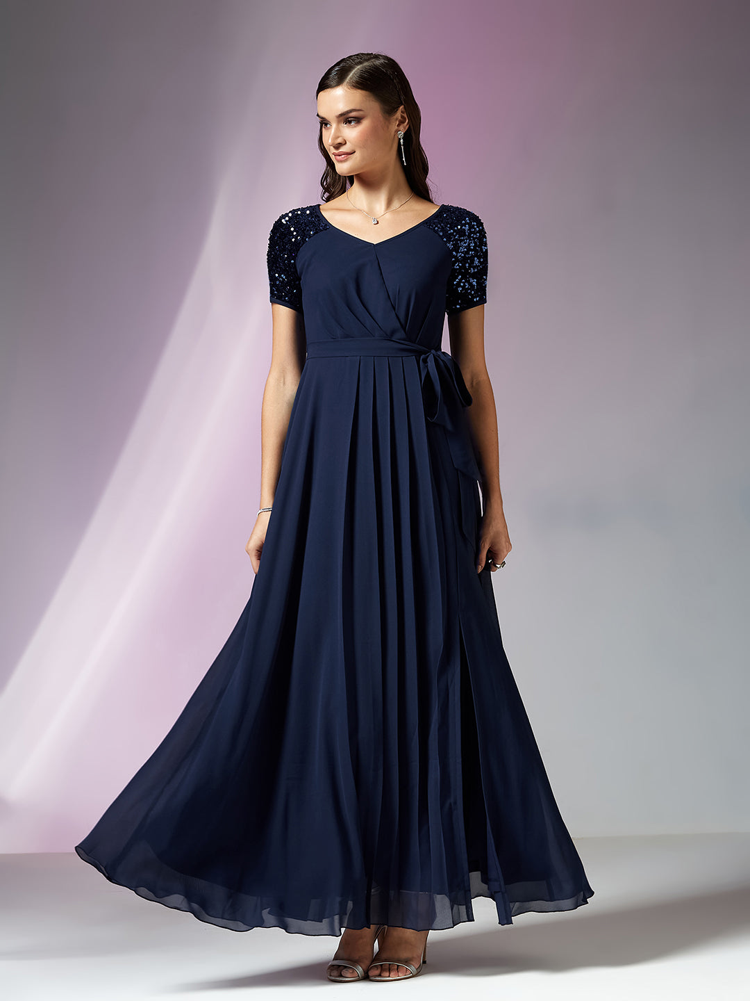 Navy-Blue Relaxed Fit Maxi Georgette Dress for Women