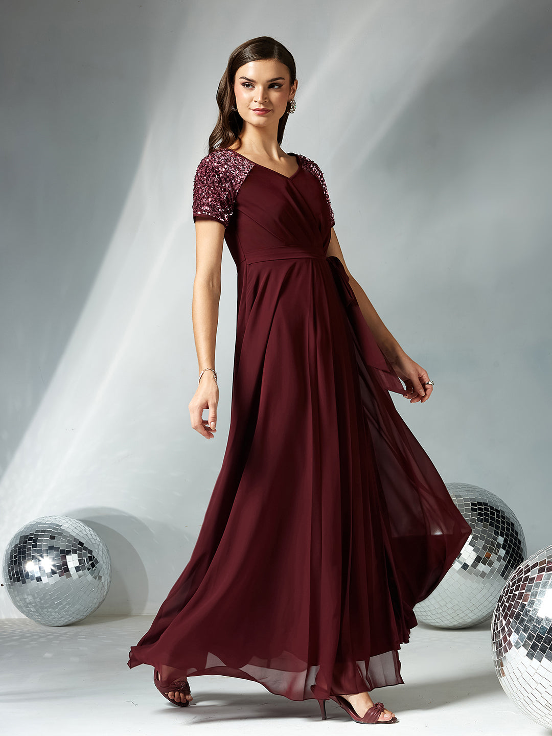 Women's Wine Relaxed Fit Maxi Georgette Dress