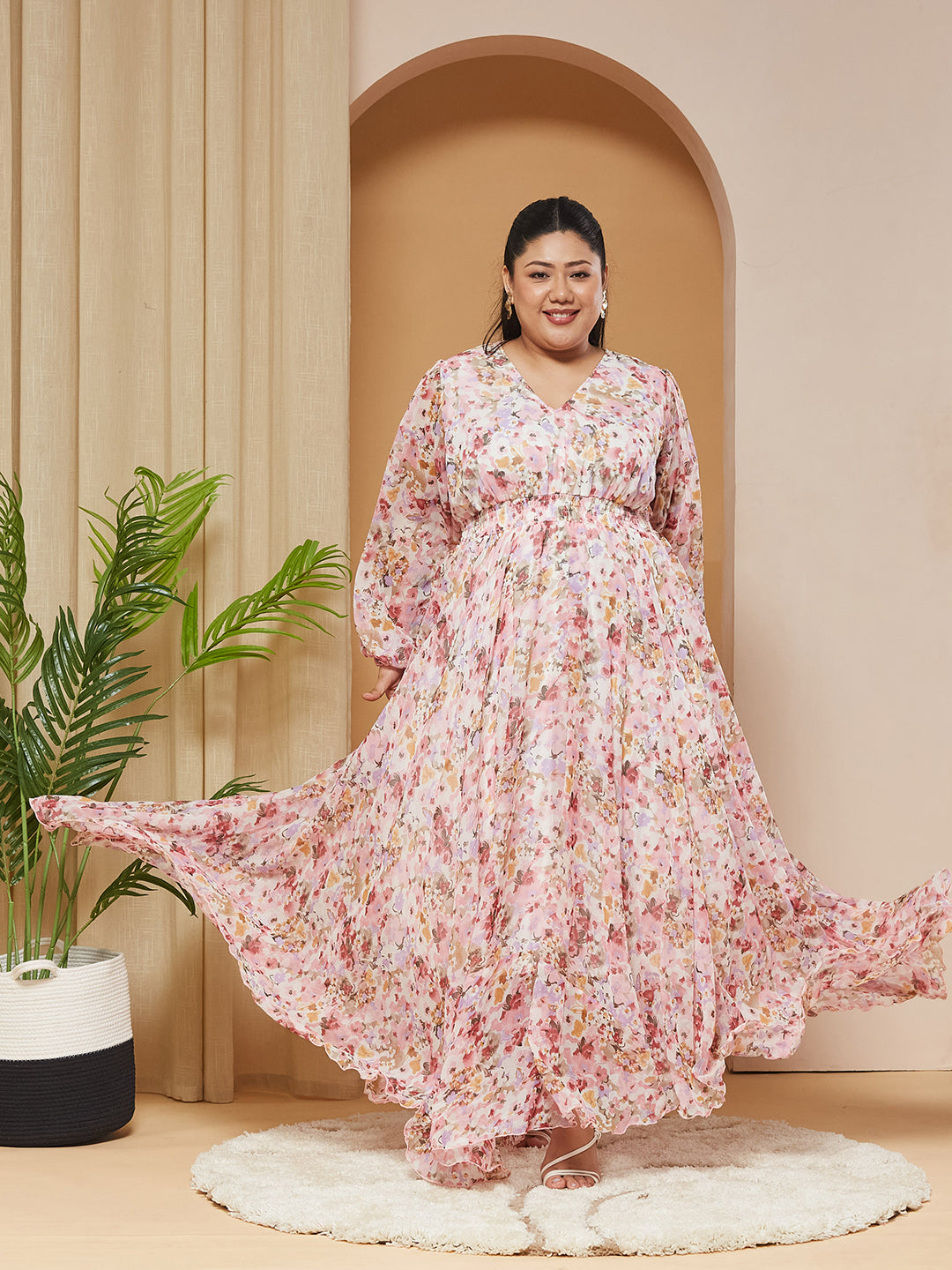 Multicolored-Base-Pink V-Neck Smocked Bishop-Sleeves Floral Gathered Chiffon Maxi Dress for Women