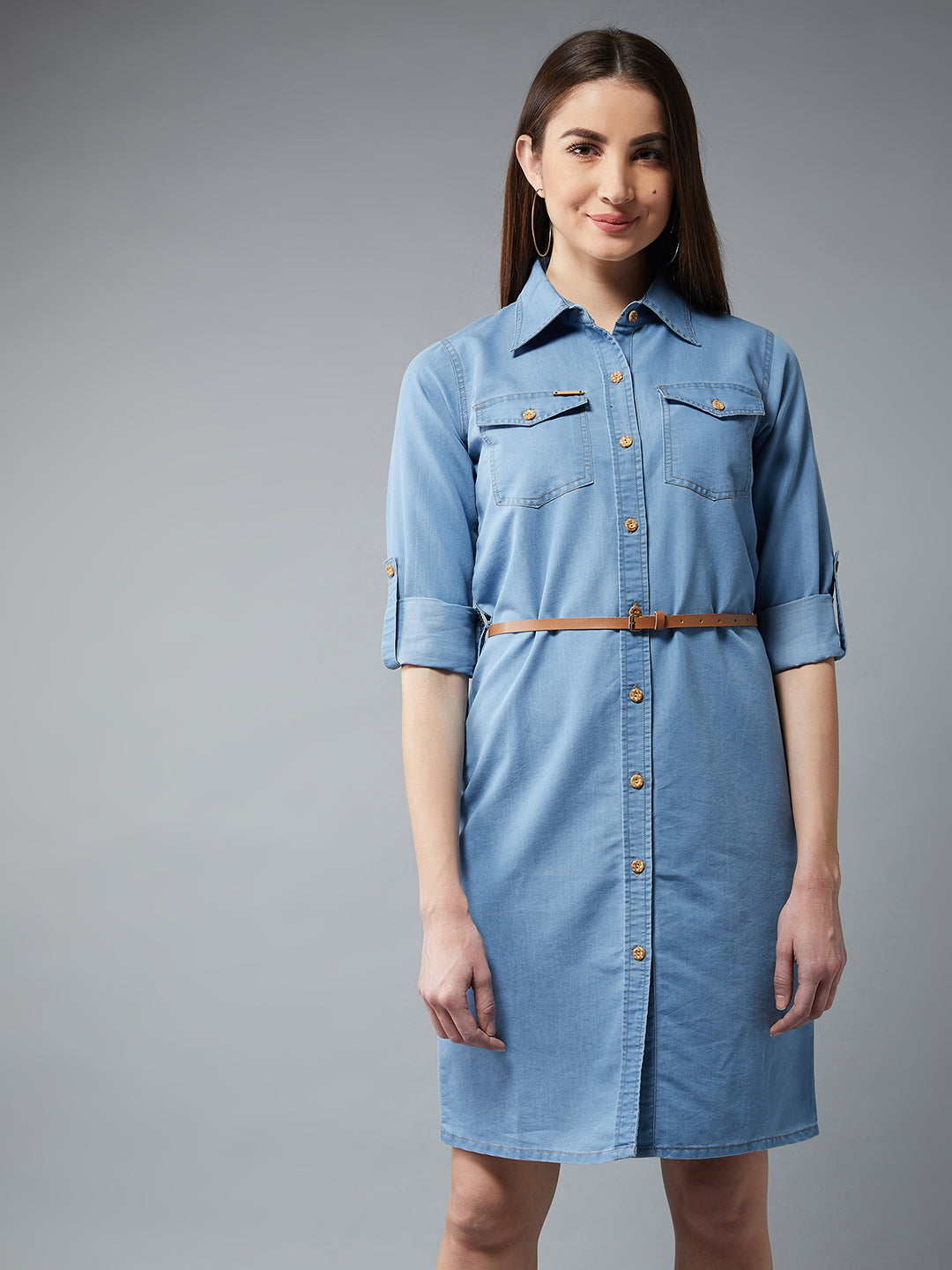 Women's Blue Polo Neck Rolled Up Full Sleeve Denim Solid Buttoned A-Line Mini Dress